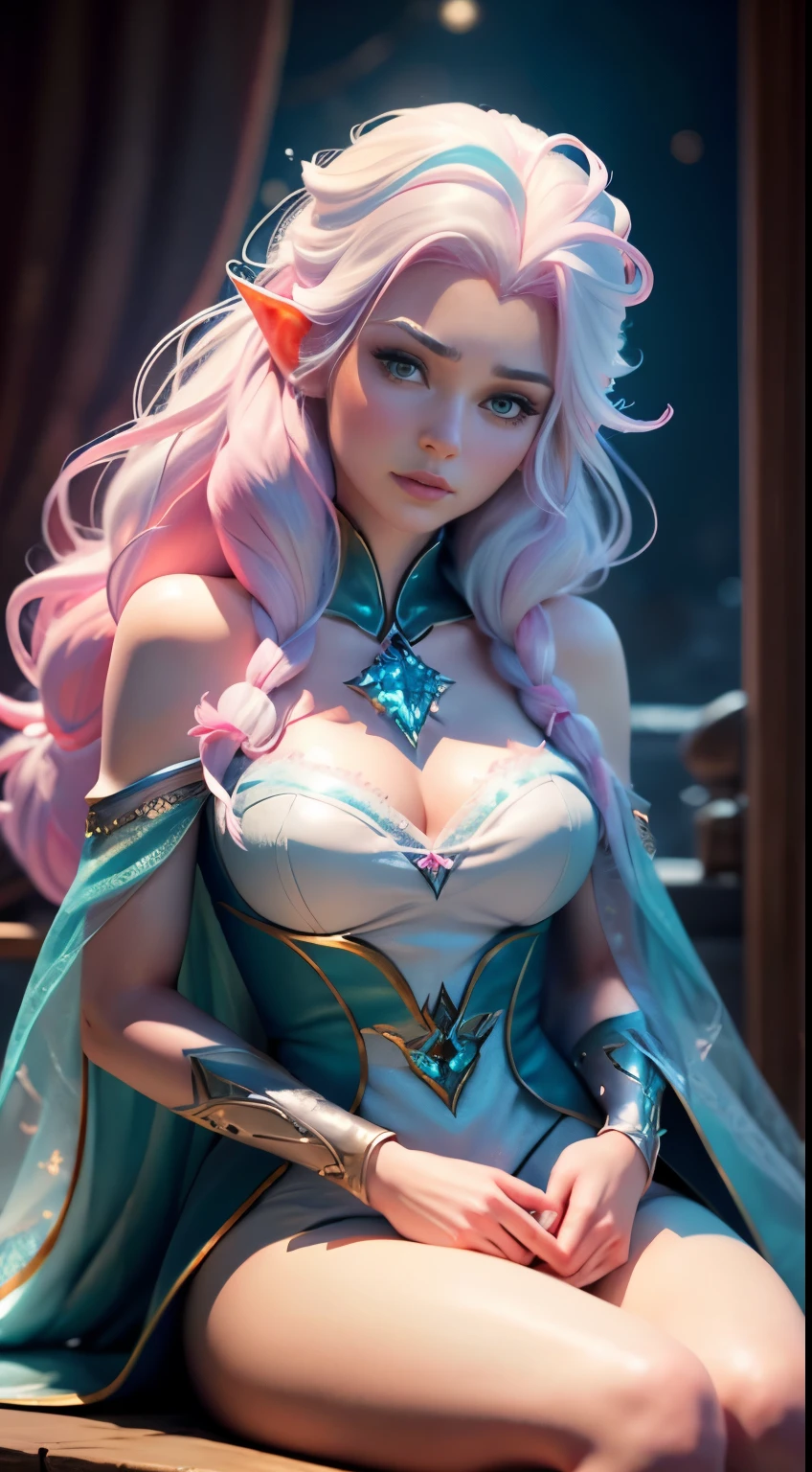 Elfgirl (rose quartz SU-Elsa frozen Disney  mezclando modelos .) (ultra FUSION of white and pink hair) Highly detailed CG unity 8k wallpaper, style shot, complex, high detail, dramatic, highest quality movie still image, very detailed, masterpiece, best quality, character design, Elsa, Elsa from Frozen,Fusion Pink Diamond (( Dark style)), realistic ultra-detailed rendering style, natural light, sharp character design, (hard focus, 8k), (((natural skin texture))), 8k textures, soft cinematic lighting, adobe lightroom, dark room, hdr, Sophisticated, Elegant, Rich Detail, Sharp Focuilm Look) )), Soothing Tones, Detail Frenzy, Intricate Detail, Super Detail, Low Contrast, Soft Film Lighting, Dull Colors, Exposure Blending, HDR, Fade, 35mm, f/1.4, ISO64, f16, 25 sec.