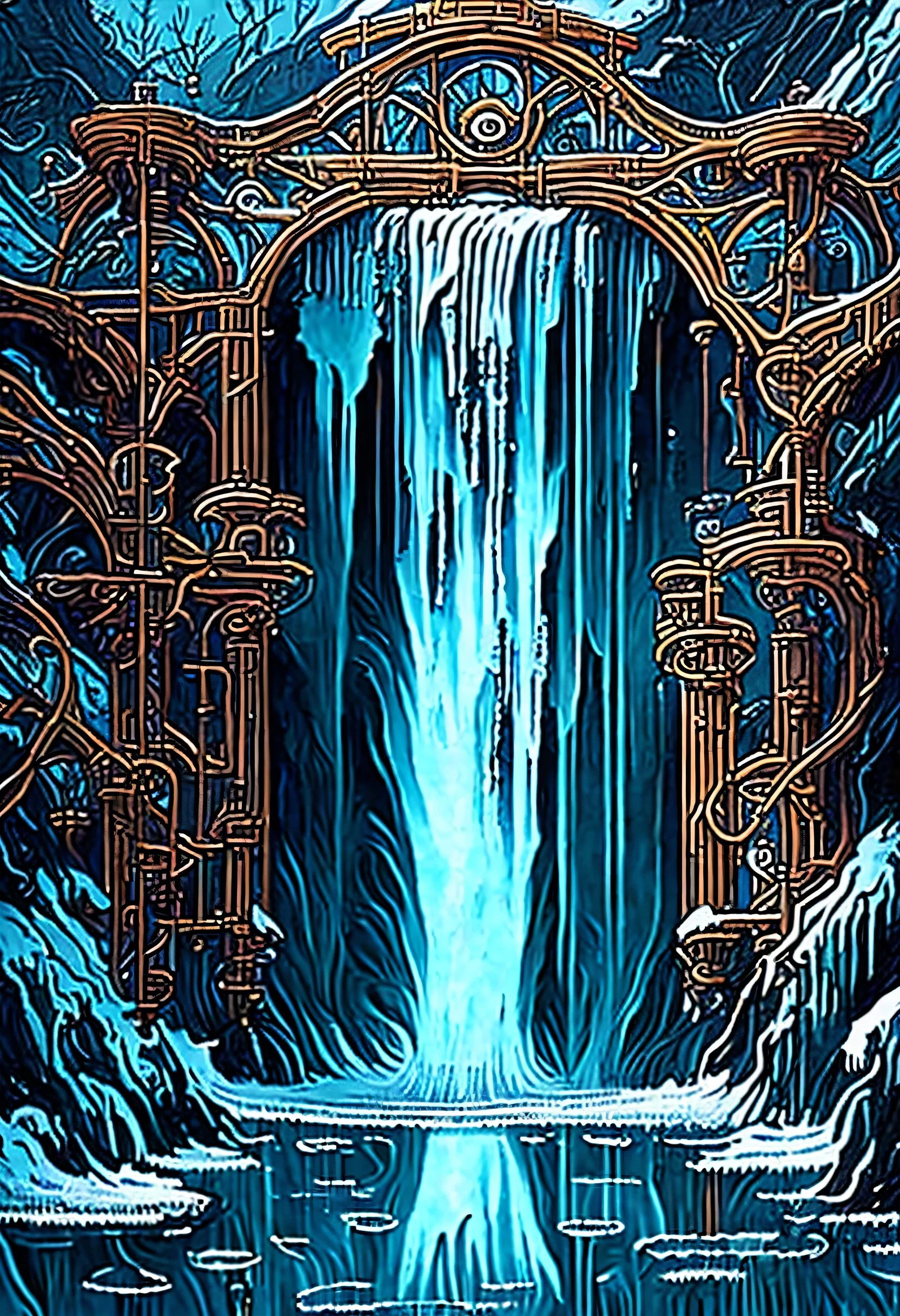 A world inspired by steampunk, (((Stunning waterfall in a steampunk style:1.3))), A majestic waterfall freezes, Breathtaking representation of ice and snow, (((illustration of darkness and light:1.3))), amazing winter waterfall, Big bridge illuminated, crystal clear pool below, brick stairs leading to the bridge, decorated with glowing lanterns, gray wolf drinking water, gears and pipes, natural shine and shadow, Machines in sparkling water and fog, complex machinery, (((Complex detailed drawings:1.3))),