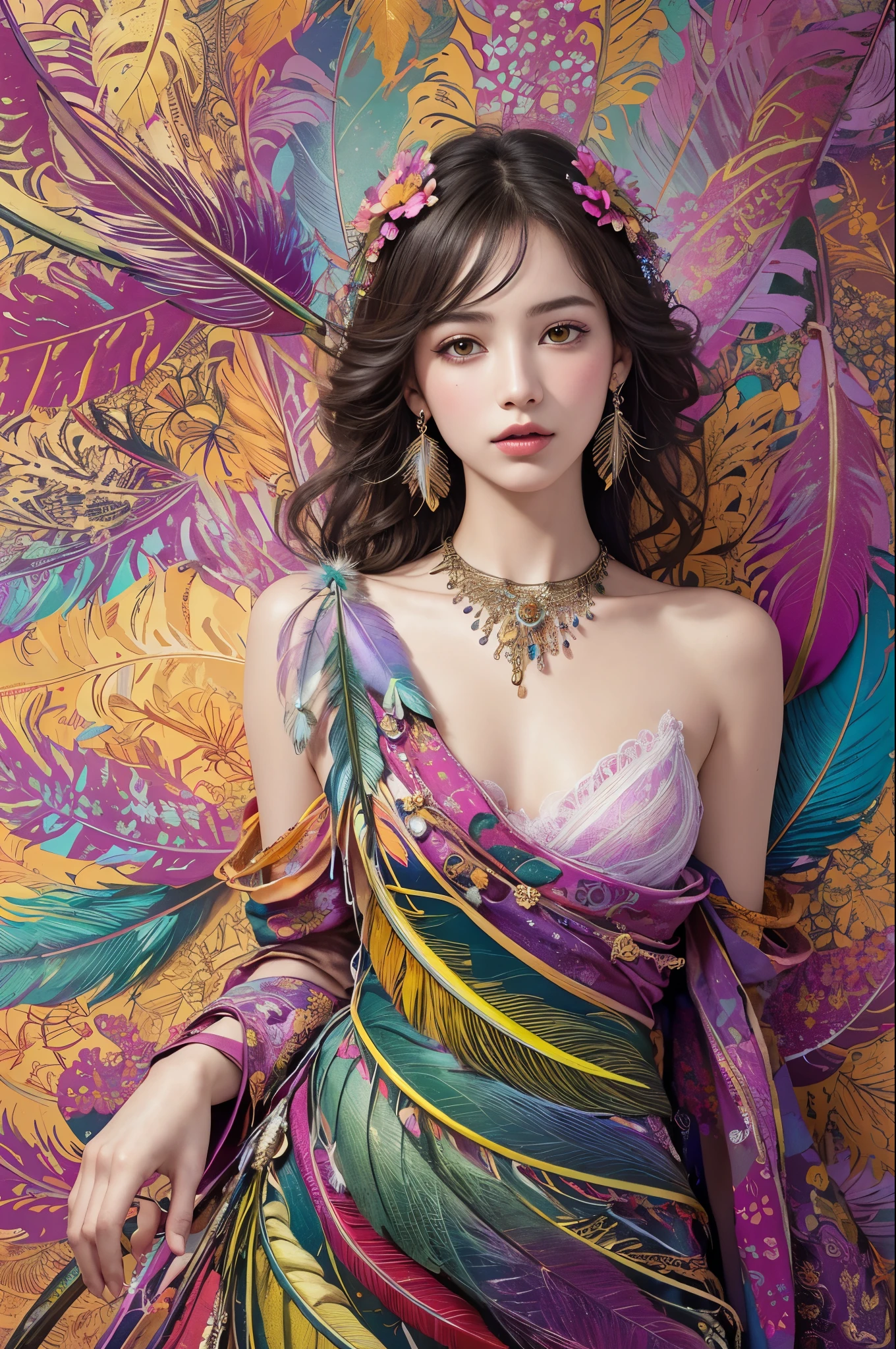 (masterpiece, highest quality, highest quality, official art, beautiful and aesthetic:1.2), (1 girl:1.3), very detailed,(fractal art:1.1),(colorful:1.1)(flowers:1.3),most detailed,(tangled:1.2), whole body, (abstract background:1.3), (shiny skin), (lots of colors:1.4), ,(earrings), (feather:1.5),