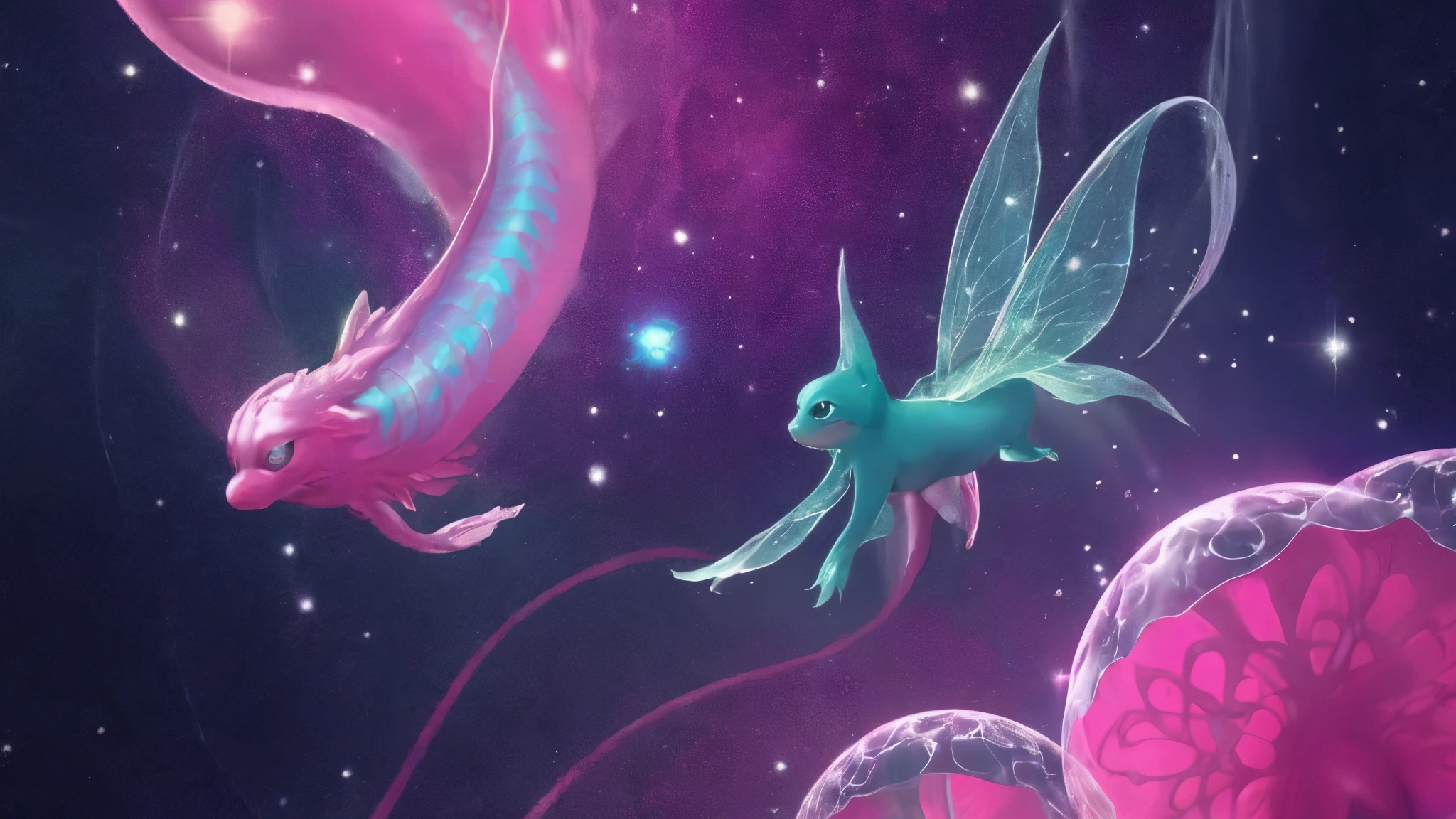 there are two pink dragon like creatures playing with a ball, dreamy psychedelic anime, beeple and jeremiah ketner, hyperspace creature, jellyfish phoenix dragon, tentacles in universe, furry fantasy art, fantasy otter love, in the astral plane ) ) ), caring alien life form, mew, astral ethereal, digital art fantasy, glossy digital painting, astral fairy