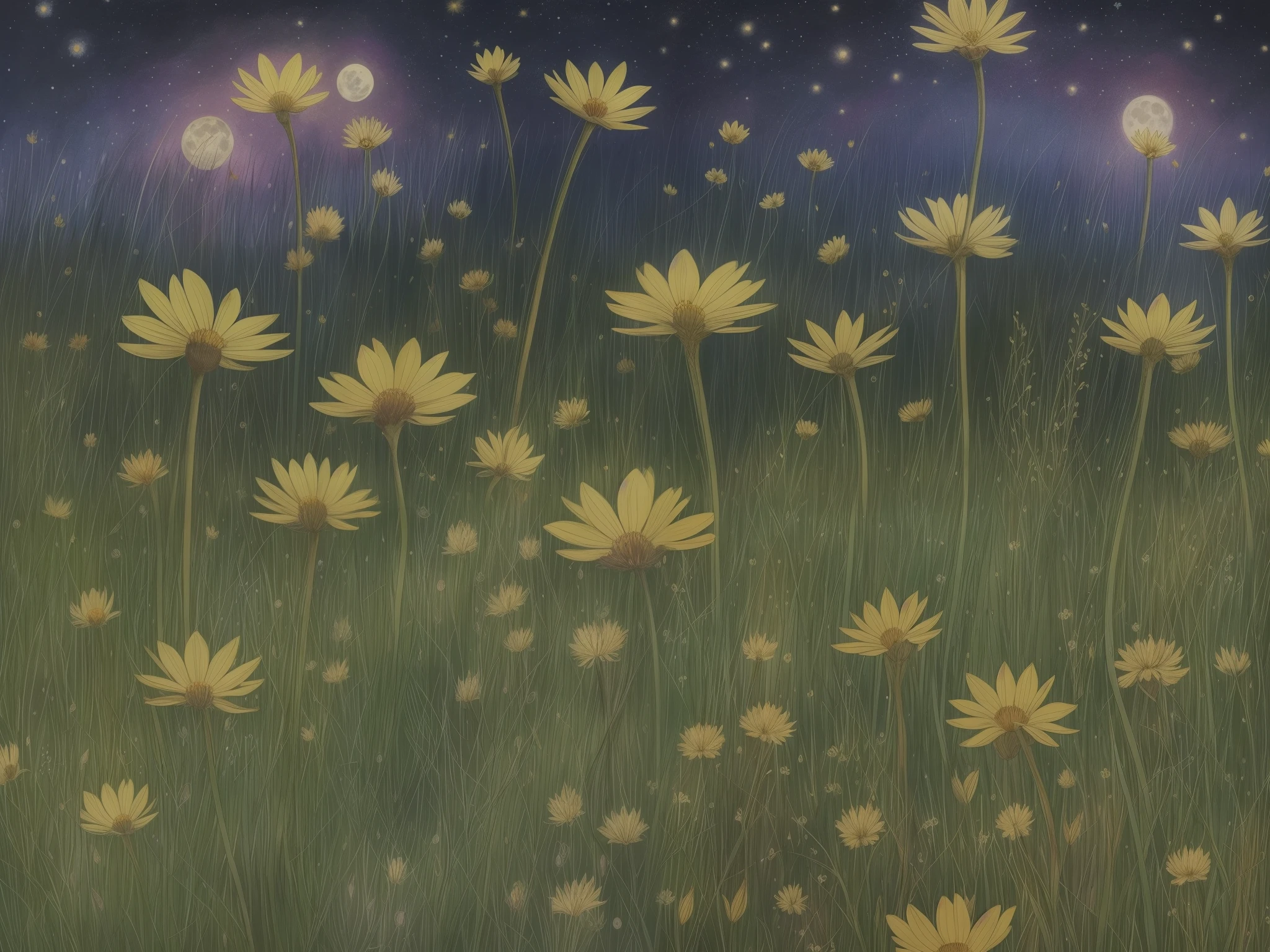 a painting of a field of flowers with a full moon in the background, blue fireflies, field of flowers at night, starry-night!!!!!!!!!!!!!!!!!!!!, fireflies and sparkling wisps, moonlight shining on wildflowers, fireflies!!!!, fireflies!!, night sky full of flowers, beautiful art, blue flower field, beautiful!!, fireflies, cozy night fireflies