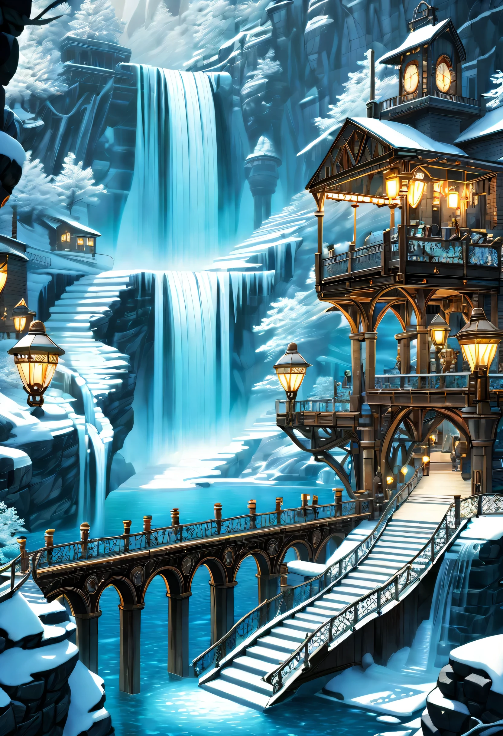 A world inspired by steampunk, (((Stunning waterfall in a steampunk style:1.3))), A majestic waterfall freezes, Breathtaking representation of ice and snow, (((illustration of darkness and light:1.3))), amazing winter waterfall, Big bridge illuminated, crystal clear pool below, brick stairs leading to the bridge, decorated with glowing lanterns, gray wolf drinking water, gears and pipes, natural shine and shadow, Machines in sparkling water and fog, complex machinery, (((Complex detailed drawings:1.3))),