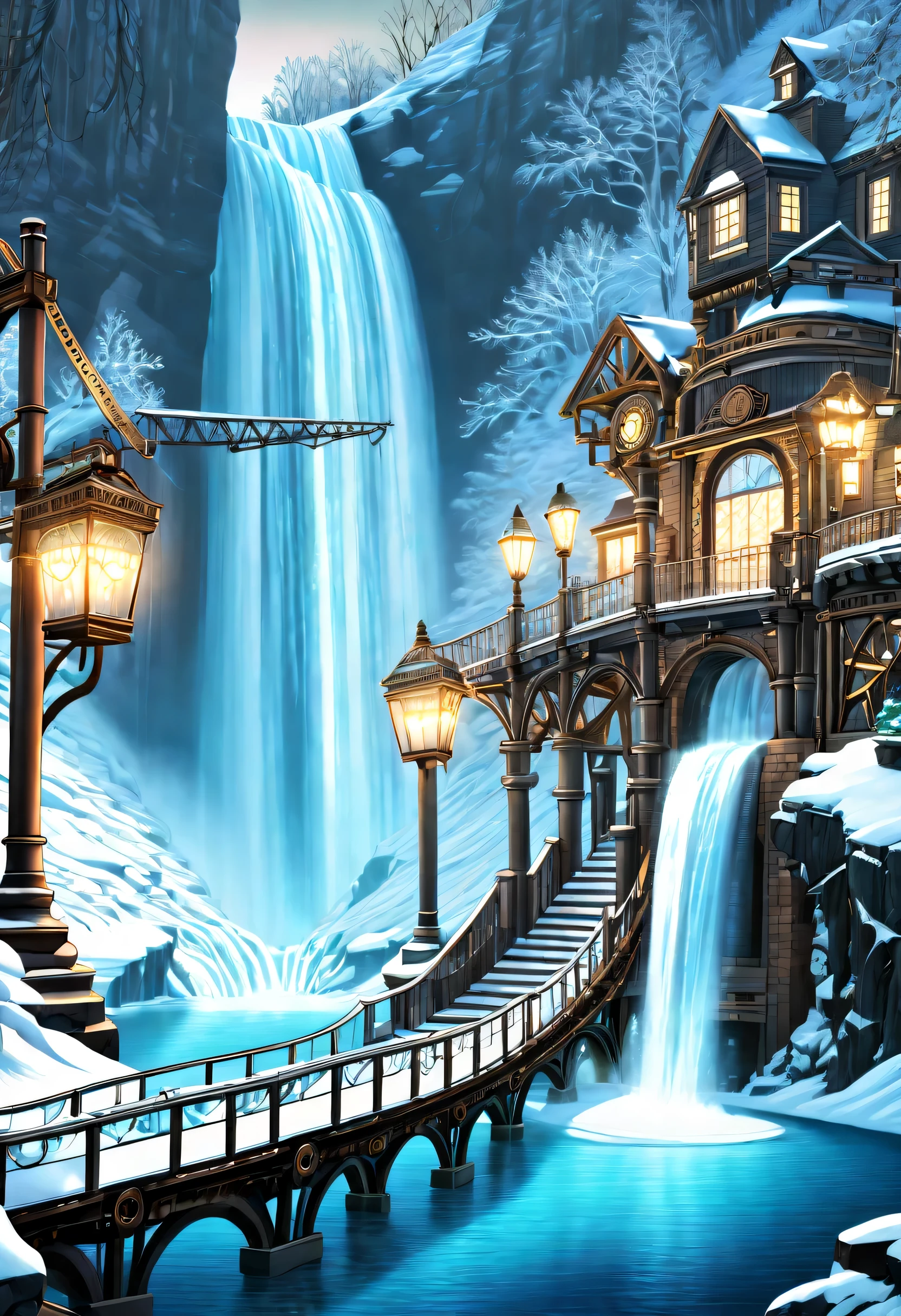 A world inspired by steampunk, (((Stunning waterfall in a steampunk style:1.3))), A majestic waterfall freezes, Breathtaking representation of ice and snow, (((illustration of darkness and light:1.3))), amazing winter waterfall, Big bridge illuminated, crystal clear pool below, brick stairs leading to the bridge, decorated with glowing lanterns, gears and pipes, natural shine and shadow, Machines in sparkling water and fog, complex machinery, (((Complex detailed drawings:1.3))),