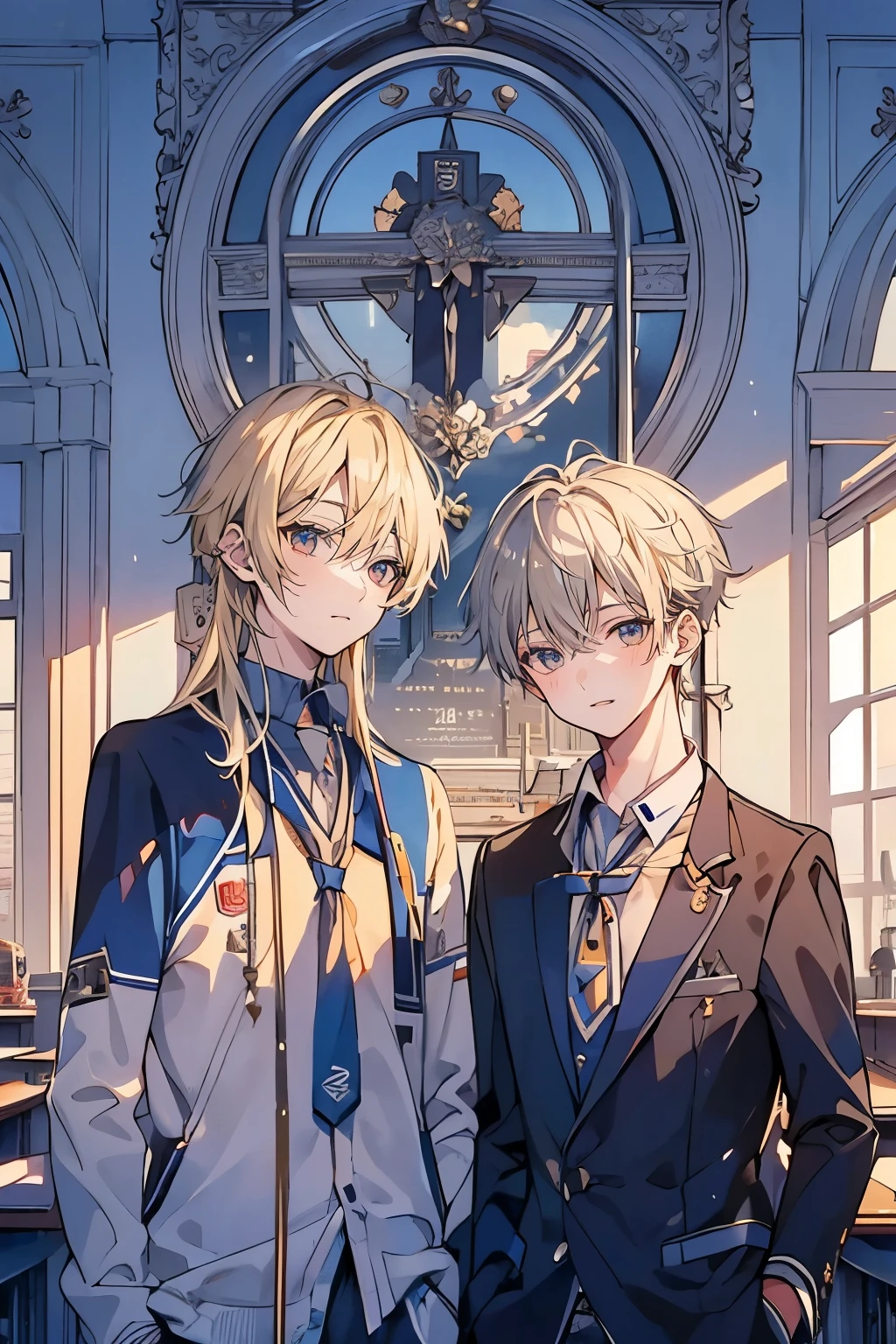 (muste piece), (best quality), very detailed, (((Two friendly high school boys:1.5))), perfect face, beautiful face, very detailed face，(silver haired man:1.3)，(blonde man:1.3)，School，classroom，student uniform，tie，shirt