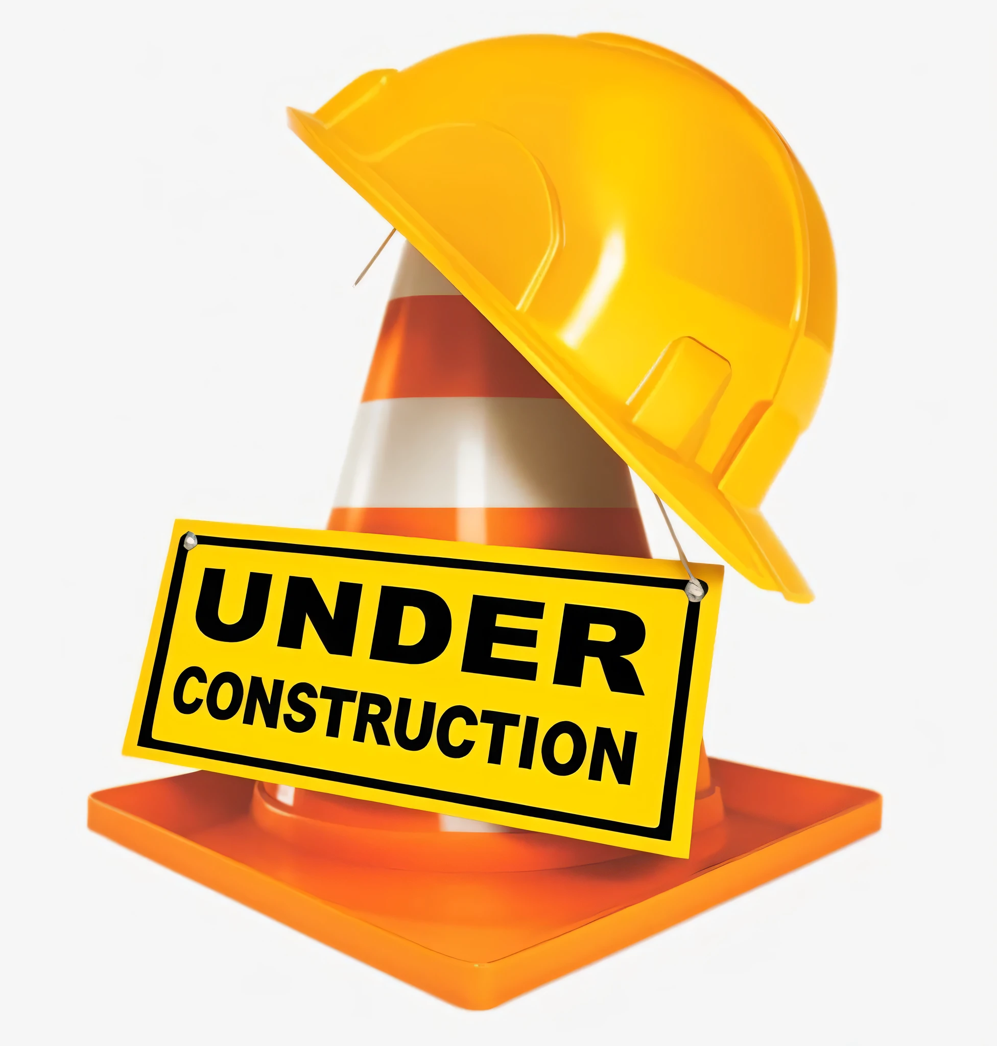 a close up of a construction cone with a sign under it, under construction, construction, reconstruction, construction site, cone, under repairs, 🤬 🤮 💕 🎀, yellow hardhat, age 3 0, stock image, promo image, information, computer - generated, ground-breaking, hard hat, 2 0 2 2 photo, photo render