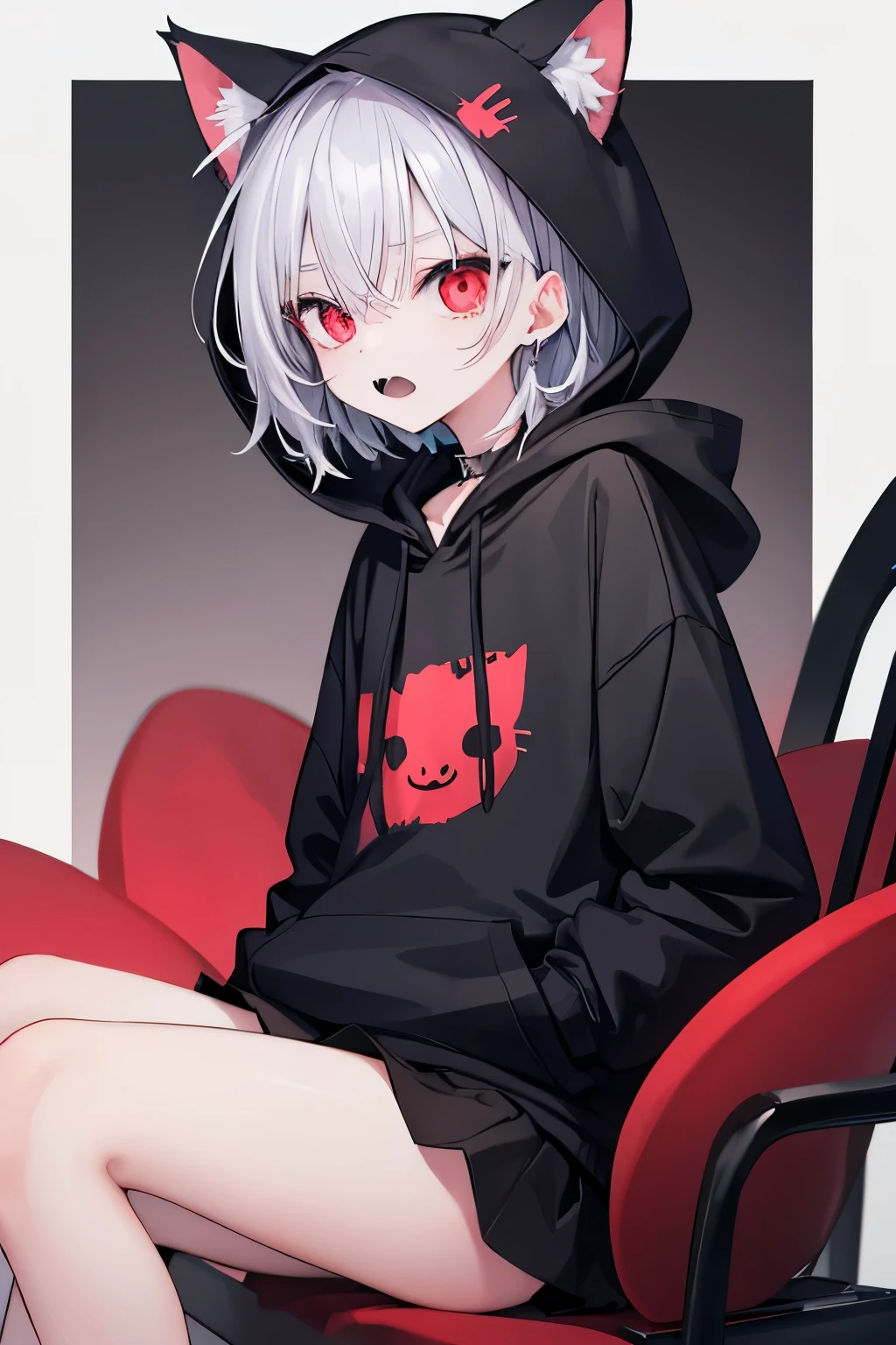JK Silver and emerald hair, red eyes, black hoodie, black hoodie, short skirt, scary face, cat ears, hood, sitting ducking, slanted eyes