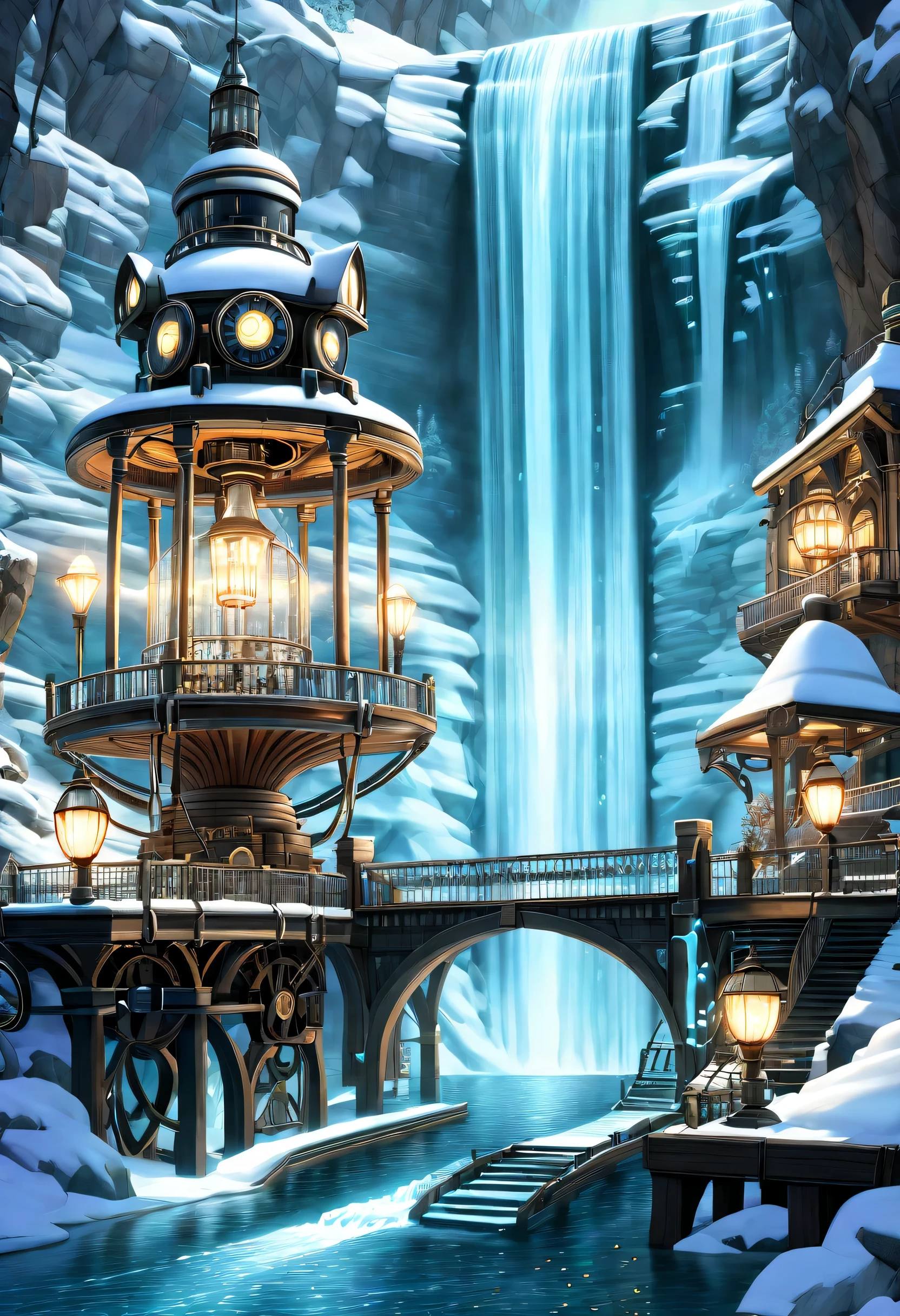 A world inspired by steampunk, (((Stunning waterfall in a steampunk style:1.3))), A majestic waterfall freezes, Breathtaking representation of ice and snow, (((illustration of darkness and light:1.3))), amazing winter waterfall, Big bridge illuminated, crystal clear pool below, brick stairs leading to the bridge, decorated with glowing lanterns, gears and pipes, natural shine and shadow, Machines in sparkling water and fog, complex machinery, (((Complex detailed drawings:1.3))),