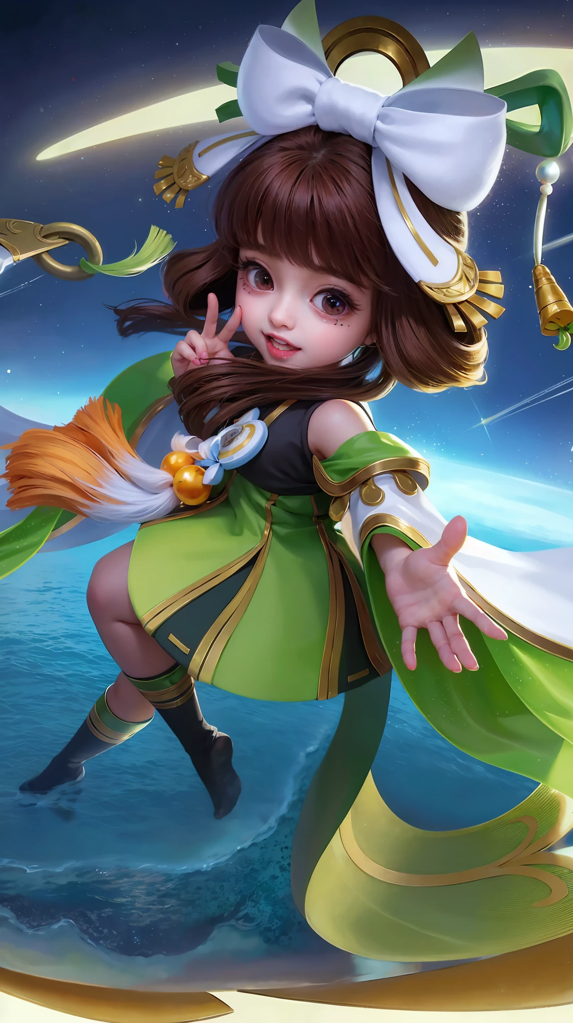 (8k, RAW photo, photorealistic:1.25) ,( lipgloss, eyelashes, gloss-face, glossy skin, best quality, ultra highres, depth of field, chromatic aberration, caustics, Broad lighting, natural shading,Kpop idol) looking at viewer with a serene and goddess-like happiness, change from mobile legend game, black hair, red eyes, green ribbon, green kimono outfit, dynamic pose, outer space, relisem, 4k, hd, 1080p