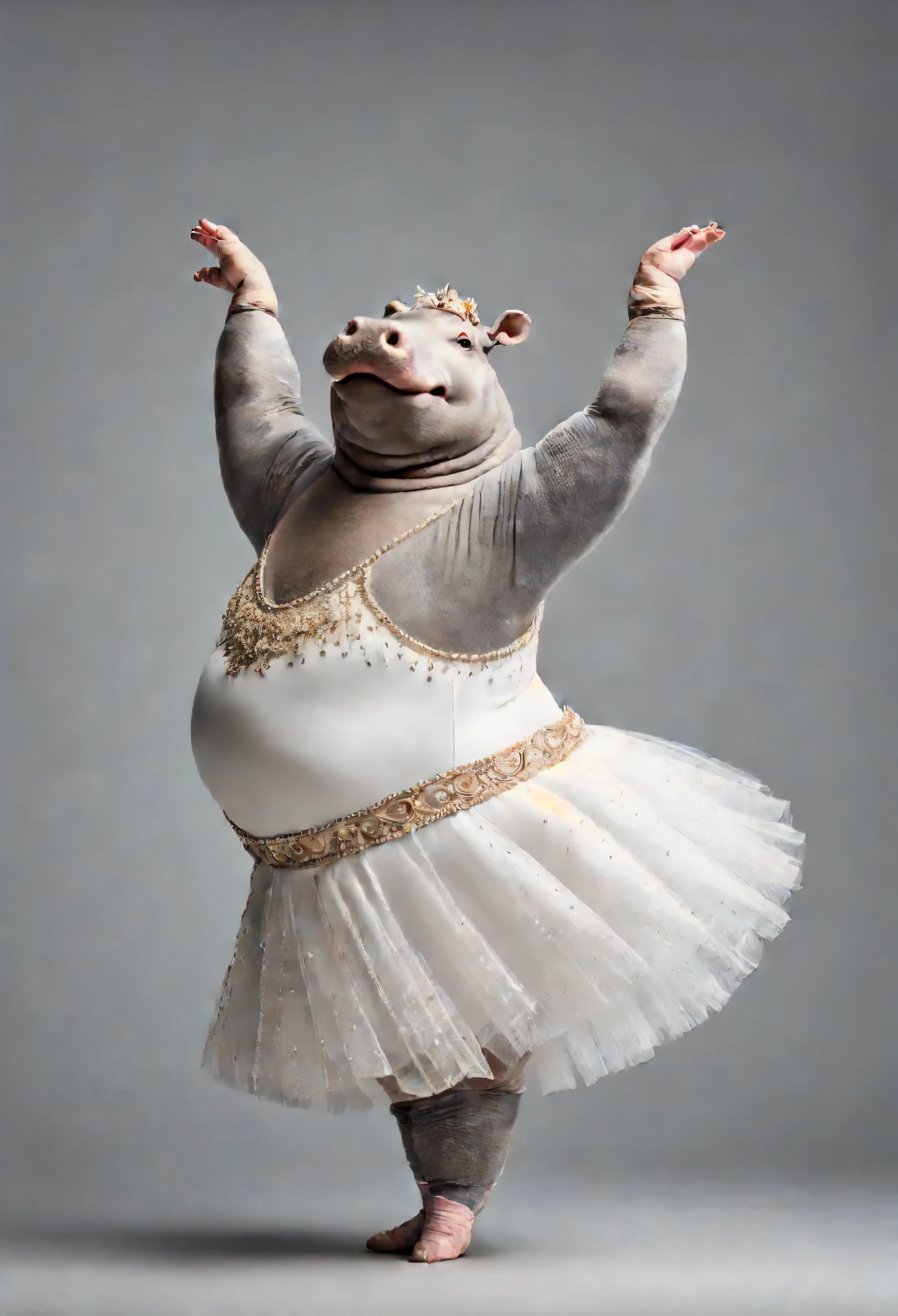 portrait of Dressed animals - a (((fat))) hippo ballet dancer,((dynamic ballet pose)), (arms up:1.2),( from side:1.5), high quality,(lovely) ,intricate detailed hair ornament, highly detailed ((ballet white leotard)) ,highly detailed decorations, wearing tutu, (happy), studio lighting,(full body image:1.5),simple background,