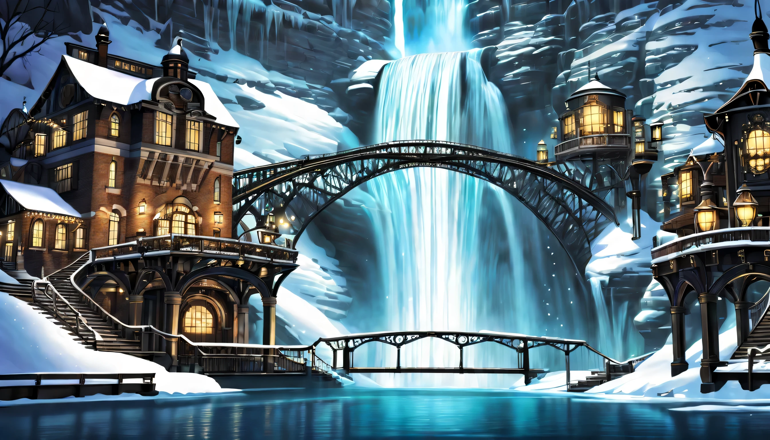 A world inspired by steampunk, (((Stunning waterfall in a steampunk style:1.3))), A majestic waterfall freezes, Breathtaking representation of ice and snow, (((illustration of darkness and light:1.3))), amazing winter waterfall, Big bridge illuminated, crystal clear pool below, brick stairs leading to the bridge, decorated with glowing lanterns, gears and pipes, natural shine and shadow, Machines in sparkling water and fog, complex machinery, (((Complex detailed drawings:1.3))),