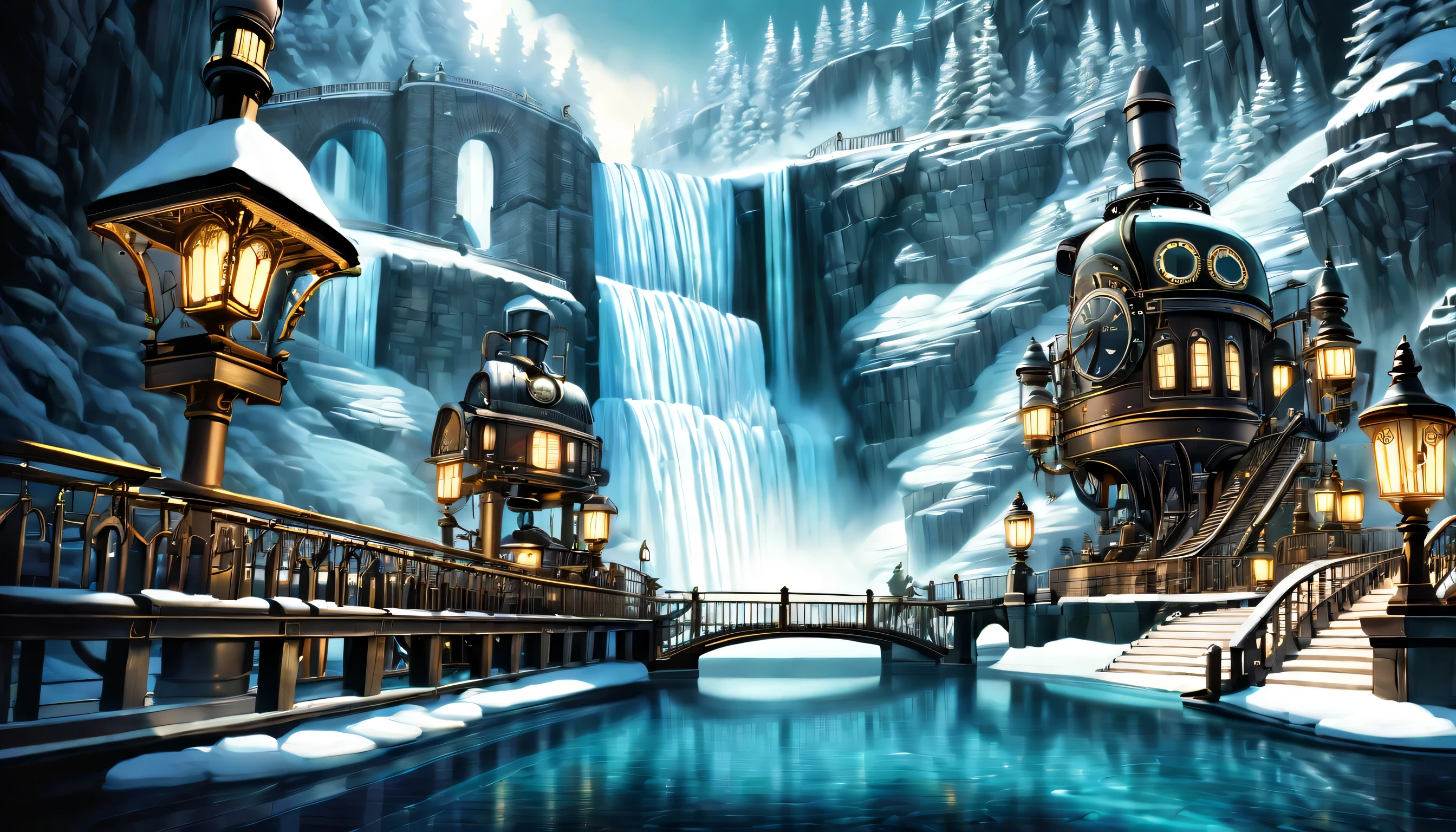 A world inspired by steampunk, (((Stunning waterfall in a steampunk style:1.3))), A majestic waterfall freezes, Breathtaking representation of ice and snow, (((illustration of darkness and light:1.3))), amazing winter waterfall, Big bridge illuminated, crystal clear pool below, brick stairs leading to the bridge, decorated with glowing lanterns, gears and pipes, natural shine and shadow, Machines in sparkling water and fog, complex machinery, (((Complex detailed drawings:1.3))),