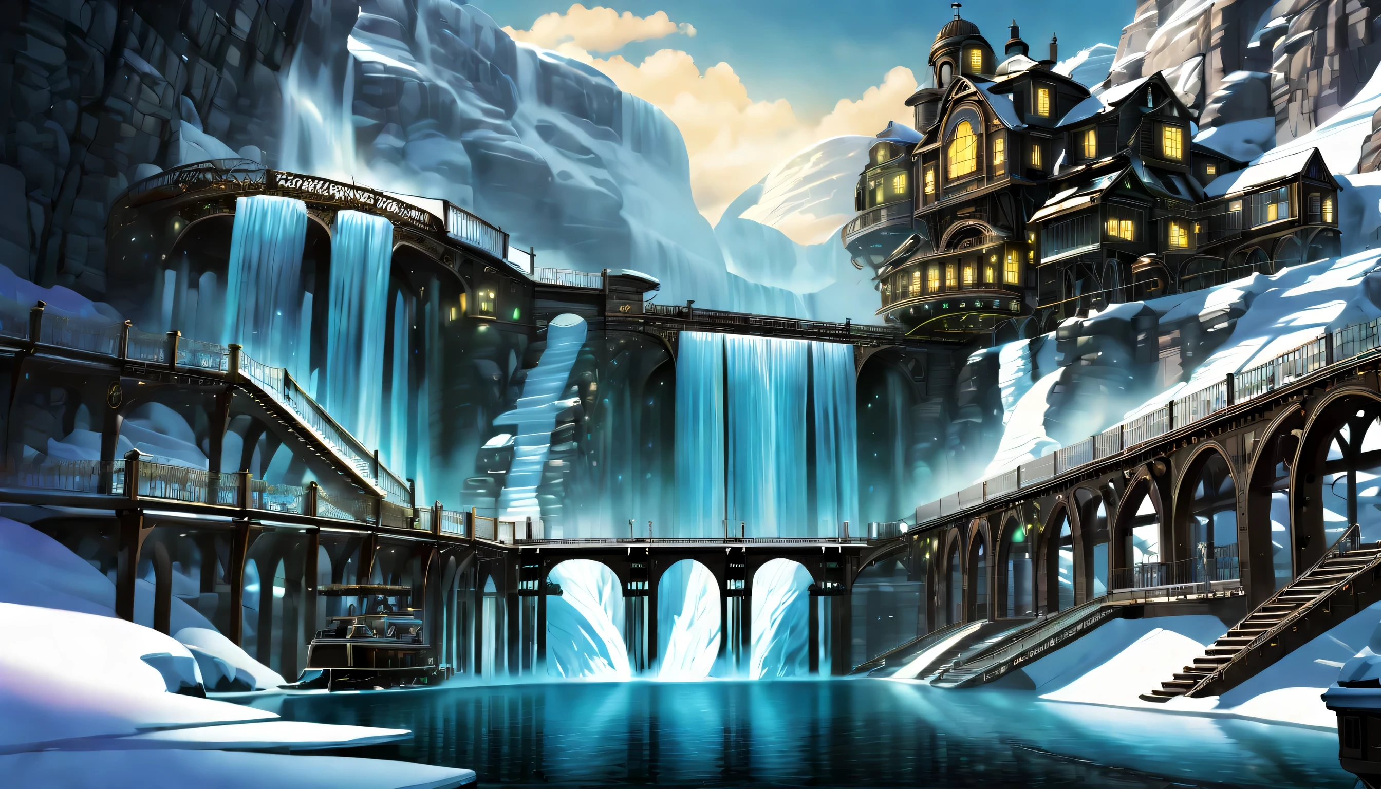 A world inspired by steampunk, (((Stunning waterfall in a steampunk style:1.3))), A majestic waterfall freezes, Breathtaking representation of ice and snow, (((illustration of darkness and light:1.3))), amazing winter waterfall, Big bridge illuminated, crystal clear pool below, brick stairs leading to the bridge, decorated with glowing lanterns, gears and pipes, natural shine and shadow, Machines in sparkling water and fog, complex machinery, (((Complex detailed drawings:1.3))),