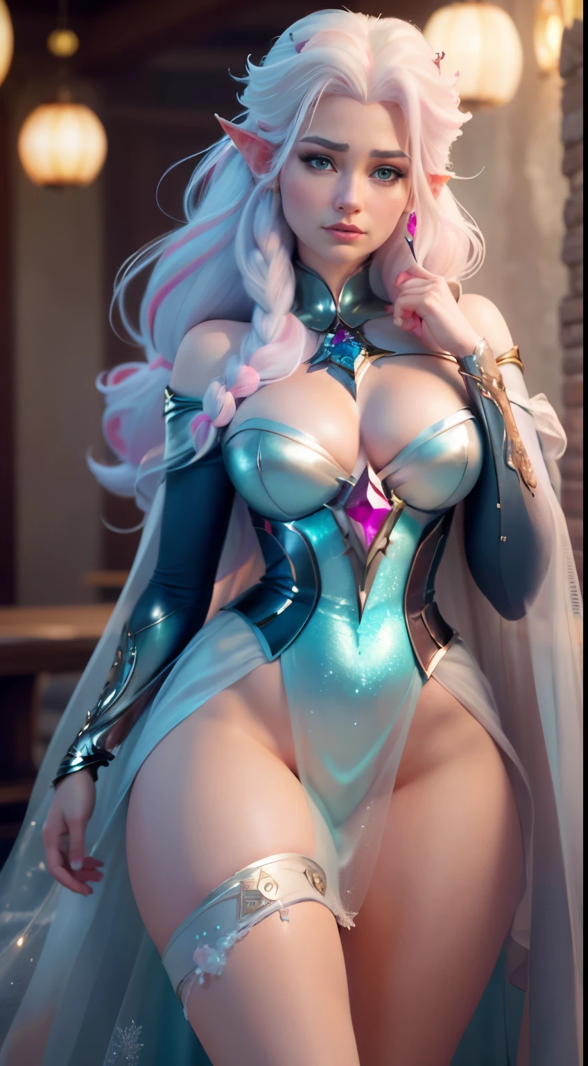 Elfgirl (rose quartz waifu SU-Elsa waifu frozen Disney mezclando modelos .) (ultra FUSION of white and pink hair) Highly detailed CG unity 8k wallpaper, style shot, complex, high detail, dramatic, highest quality movie still image, very detailed, masterpiece, best quality, character design, Elsa, Elsa from Frozen,Fusion Pink Diamond (( Dark style)), realistic ultra-detailed rendering style, natural light, sharp character design, (hard focus, 8k), (((natural skin texture))), 8k textures, soft cinematic lighting, adobe lightroom, dark room, hdr, Sophisticated, Elegant, Rich Detail, Sharp Focuilm Look) )), Soothing Tones, Detail Frenzy, Intricate Detail, Super Detail, Low Contrast, Soft Film Lighting, Dull Colors, Exposure Blending, HDR, Fade, 35mm, f/1.4, ISO64, f16, 25 sec.