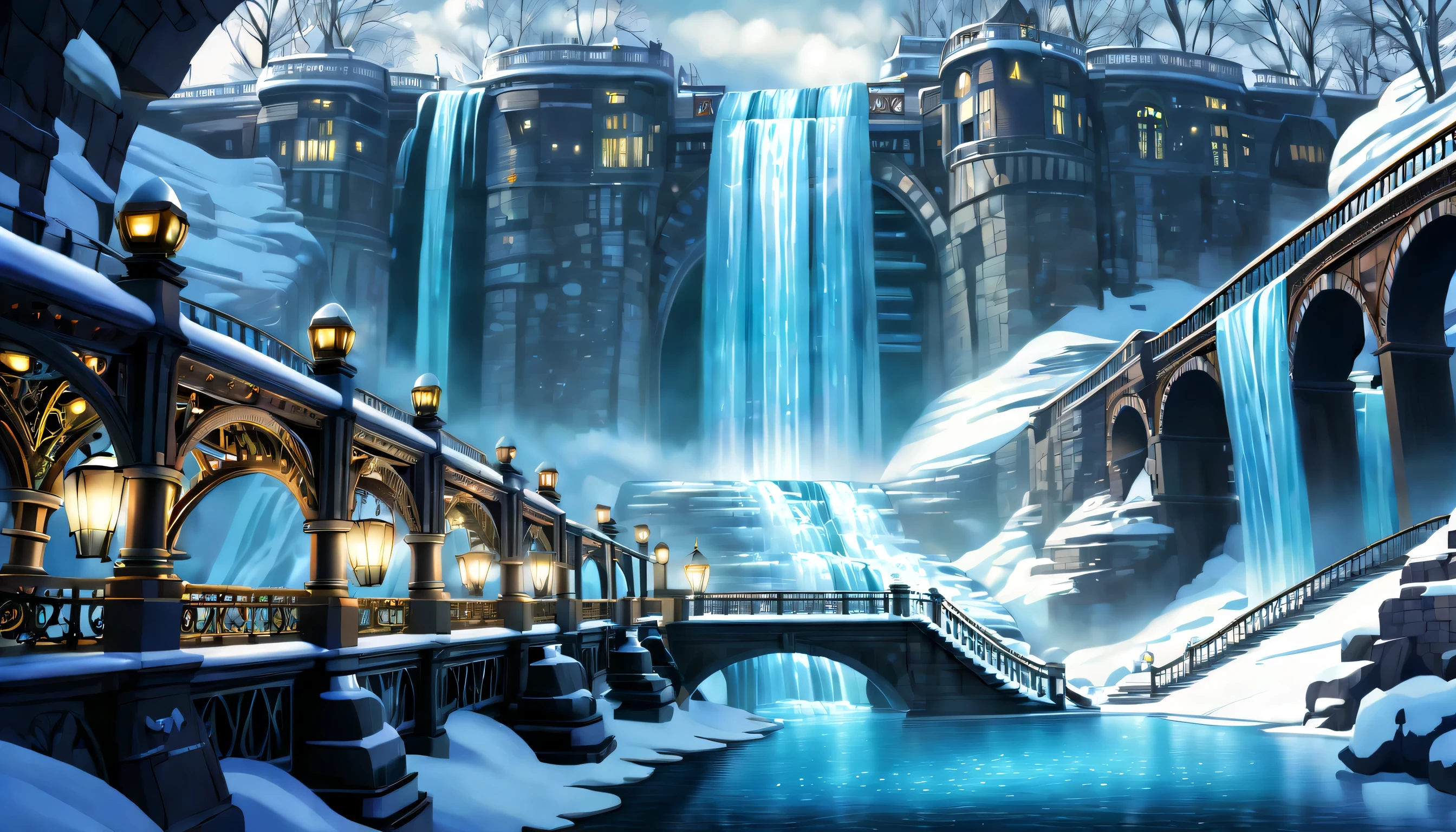 A world inspired by steampunk, (((Stunning waterfall in a steampunk style:1.3))), A majestic waterfall freezes, Breathtaking representation of ice and snow, (((illustration of darkness and light:1.3))), amazing winter waterfall, Big bridge illuminated, crystal clear pool below, brick stairs leading to the bridge, decorated with glowing lanterns, gears and pipes, natural shine and shadow, Machines in sparkling water and fog, complex machinery, (((Complex detailed drawings:1.3))),