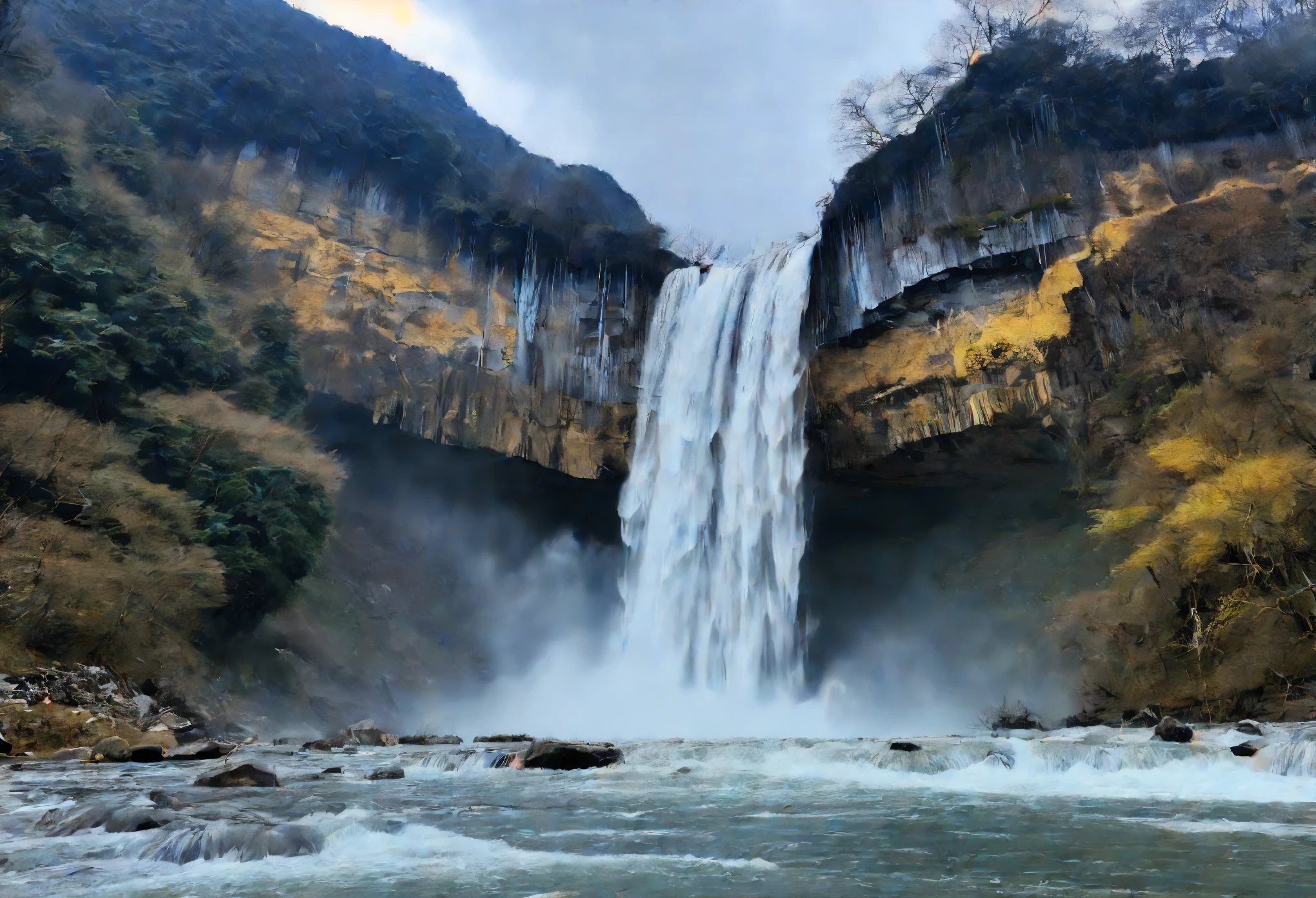 The mountains are flying and the sea is standing",It describes the majestic power of the waterfall.,Rolling yellow water falls from the sky,Like thousands of mountains collapsing,Falling all over the world。"Thunder on a Dry Day",It refers to the loud sound of river water hitting the mountain and falling to the bottom of the pot.,Like ten thousand drums sounding in unison、Thunderbolt from the blue sky,The sound spreads dozens of miles away。Icicles hanging upside down are a winter sight,Boating on dry land is a thing of the past