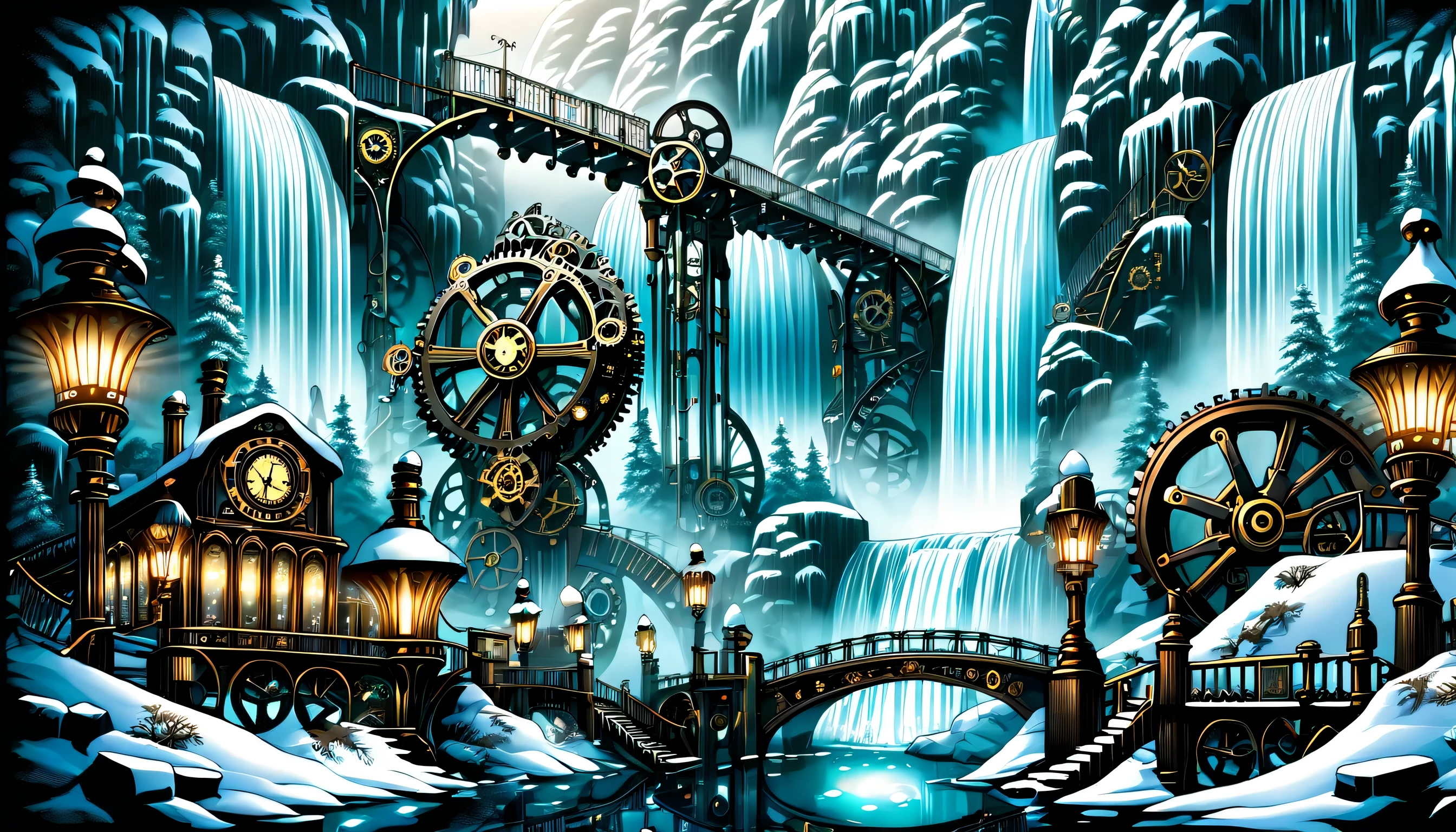 A world inspired by steampunk, (((Stunning waterfall in a steampunk style:1.3))), A majestic waterfall freezes, Breathtaking representation of ice and snow, (((illustration of darkness and light:1.3))), amazing winter waterfall, Big bridge illuminated, crystal clear pool below, brick stairs leading to the bridge, decorated with glowing lanterns, gears and pipes, natural shine and shadow, Machines in sparkling water and fog, complex machinery, (((Complex detailed drawings:1.3))),