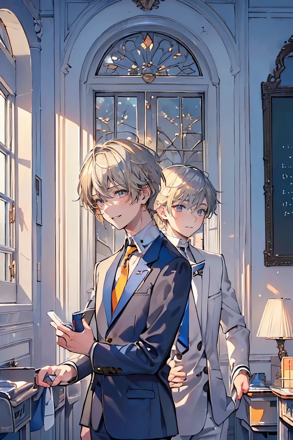 (muste piece), (best quality), very detailed, (((Two friendly high school boys:1.5))), perfect face, beautiful face, very detailed face,(silver haired man:1.3),(blonde man:1.3),School,classroom,student uniform,tie,shirt