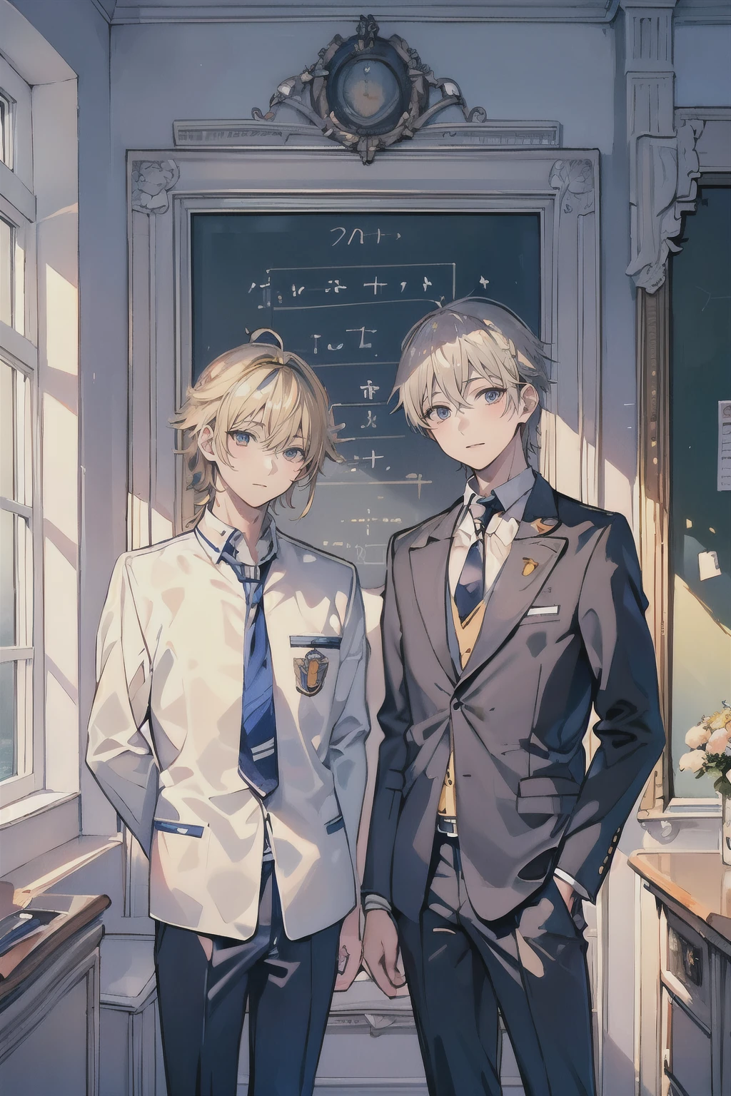 (muste piece), (best quality), very detailed, (((Two friendly high school boys:1.5))), perfect face, beautiful face, very detailed face,(silver haired man:1.3),(blonde man:1.3),School,classroom,student uniform,tie,shirt