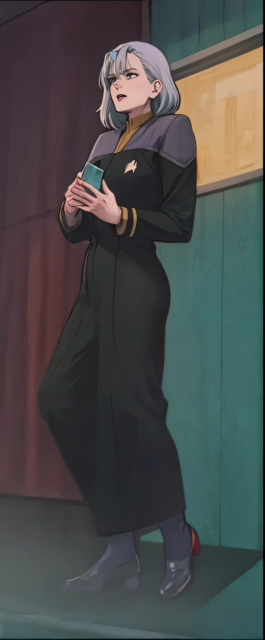 wallpaper best quality, masterpiece:1.2), anime aesthetic fullbody fullframe solo 1 adult old 70s female tall dress white hair ds9st red and black uniform ds9st teal and black uniform ds9st yellow and black uniform ds9st command ds9st operations ds9st science disdain
