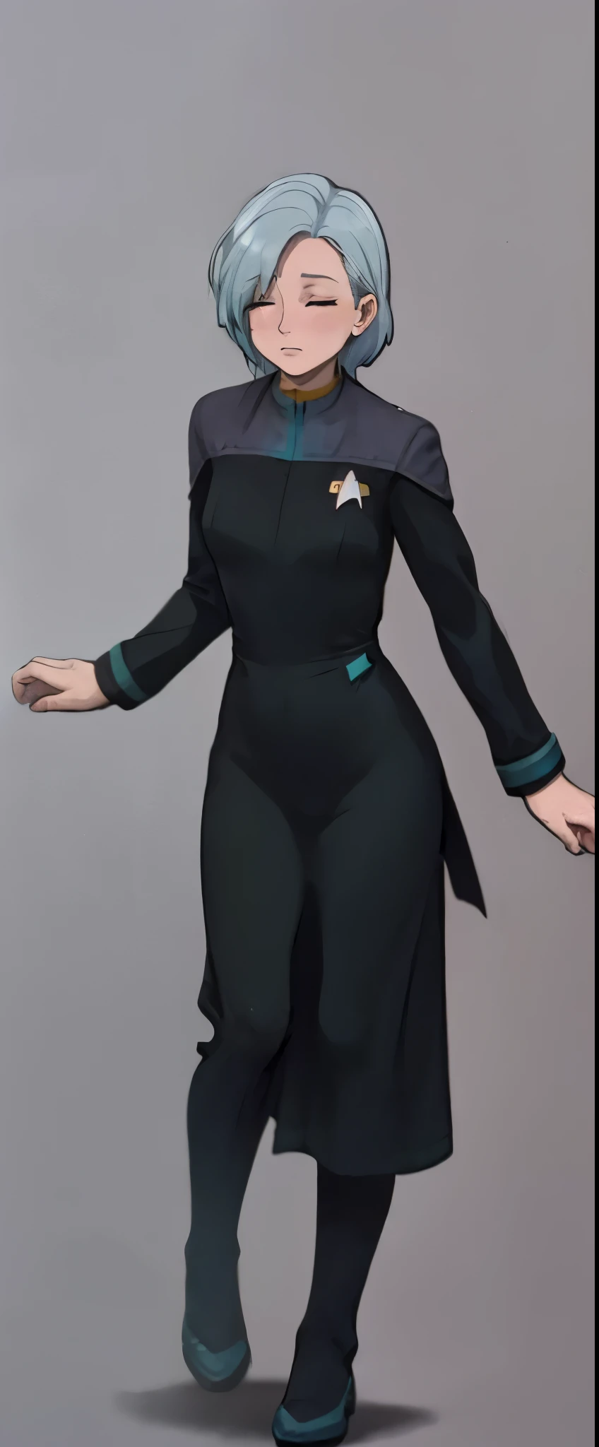 wallpaper best quality, masterpiece:1.2), anime aesthetic fullbody fullframe solo 1 adult 70s old crinkly skin female frantic white hair   dress blue yello hair ds9st red and black uniform ds9st teal and black uniform ds9st yellow and black uniform ds9st command ds9st operations ds9st science closed eyes 