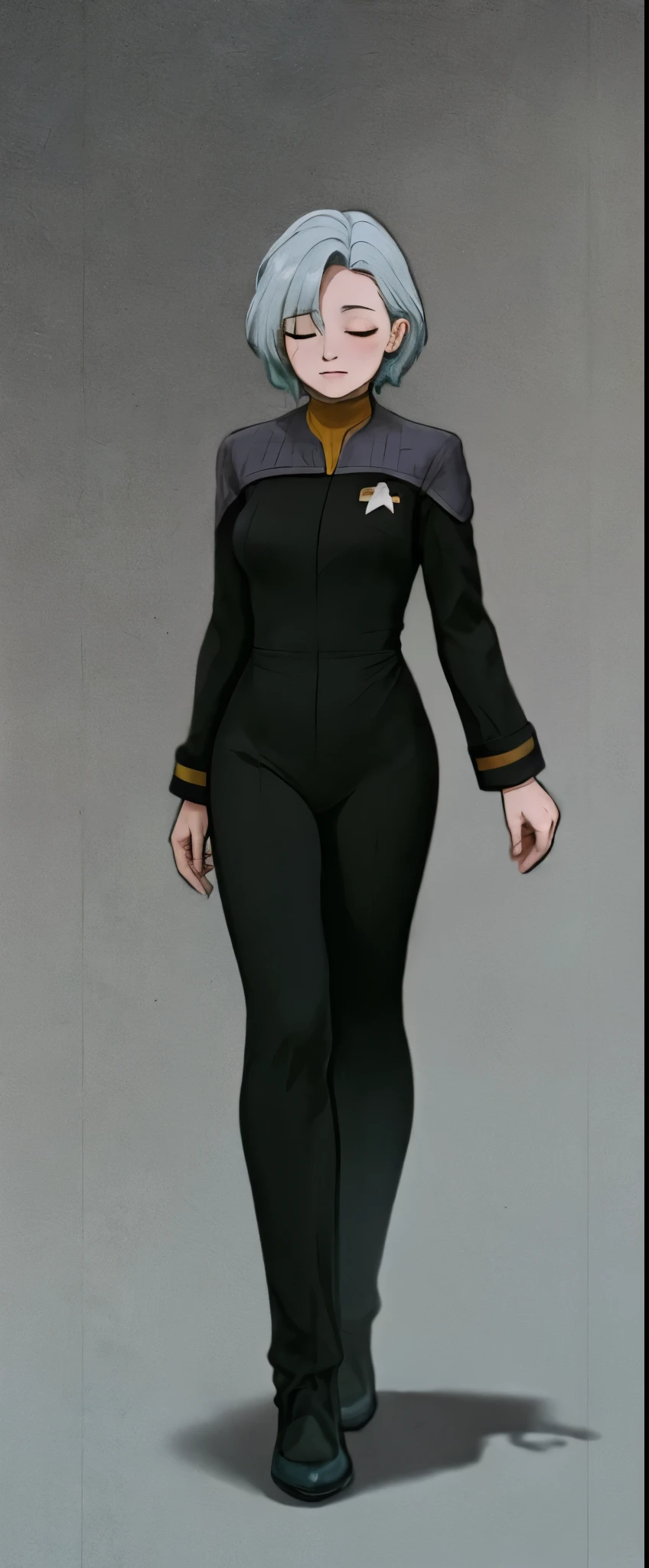 wallpaper best quality, masterpiece:1.2), anime aesthetic fullbody fullframe solo 1 adult 70s old crinkly skin female frantic white hair dress blue yello hair ds9st red and black uniform ds9st teal and black uniform ds9st yellow and black uniform ds9st command ds9st operations ds9st science closed eyes