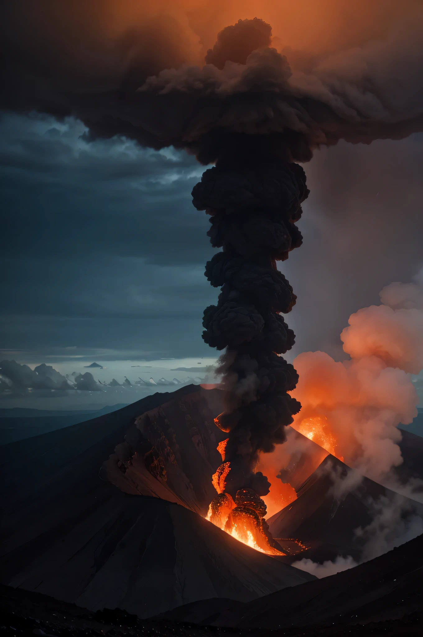 View from inside a volcano cone on the verge of eruption, capturing breathtaking scenery. Dense smoke and gases rise from the mouth of the volcano, highlighting the glowing lava beneath. Surrounding rocks are reddened and melted by high temperatures, showcasing the power of volcanic activity. This scene conveys the unique combination of danger and beauty, the destructive power and aesthetic of nature. --shot on Fujifilm, Fujicolor C200, depth of field emphasized --ar 16:9 --style raw
