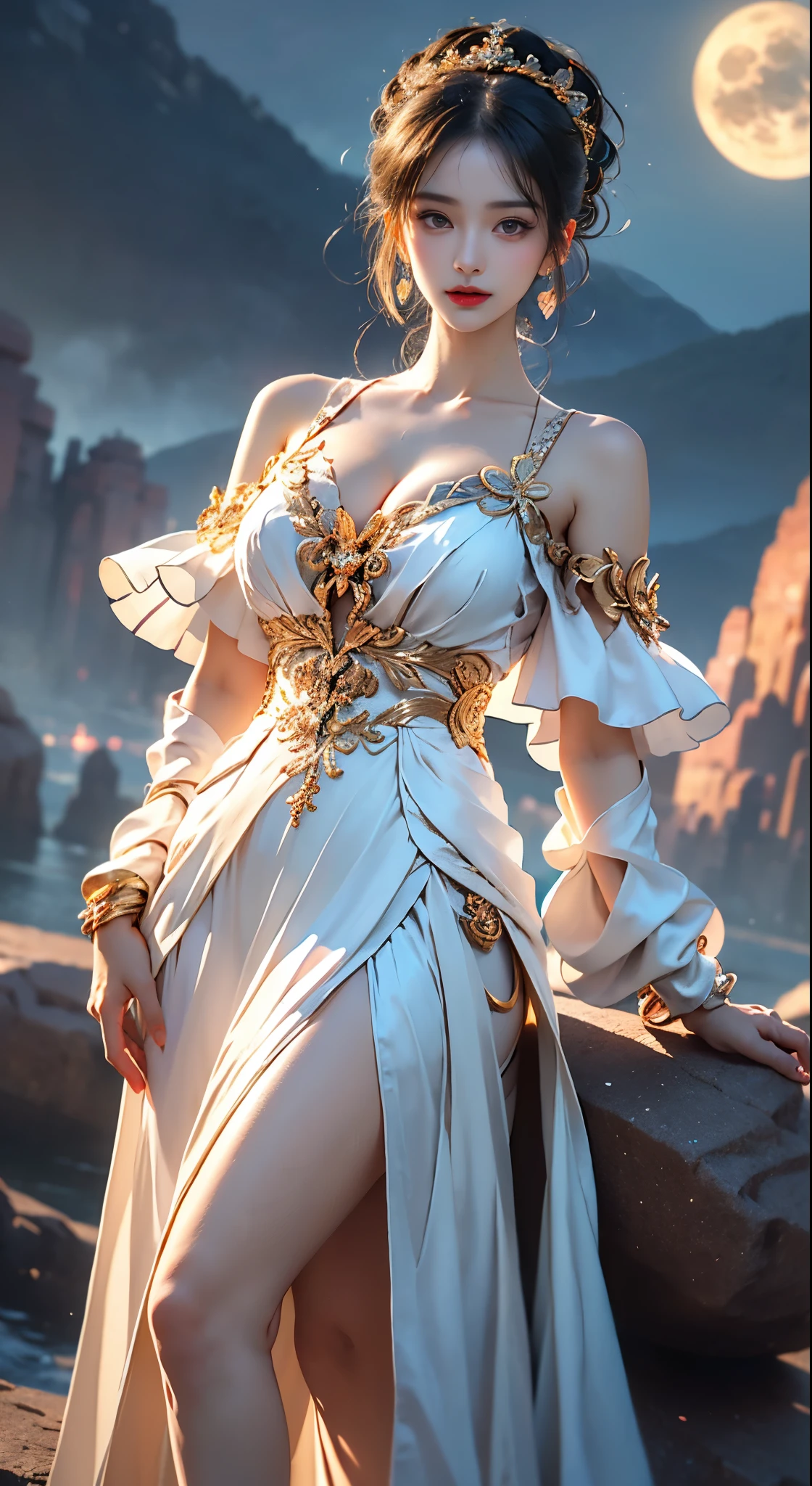 weapon,cleavage,(magic circle:1.1),xiuxian, ((bare shoulders)), ((whole body)), actual, fashion girl, red lips, mature women, cosmetics, big eyes, beautiful eyes, ((whole body)), ((from below)), (best quality, masterpiece:1.2), Super detailed, (actual:1.37), ((Sexy long legs)), beautiful, young and energetic, Charming model with, big breasts, cleavage, (delicate eyes, Detailed lips, extremely delicate eyes), show a bright smile, Create stunning girl images, Warm colors, Extremely high color saturation, official art, Extremely detailed CG unified 8k wallpaper,(high dynamic range :1.4), (cinematic),(pastel colors, dull color, soothing tone :1.3), (natural skin texture, ultra-actual, soft light, sharp),(Very detailed), night, moonlight, ((in the mountains, plant, Leaning against the rocks))