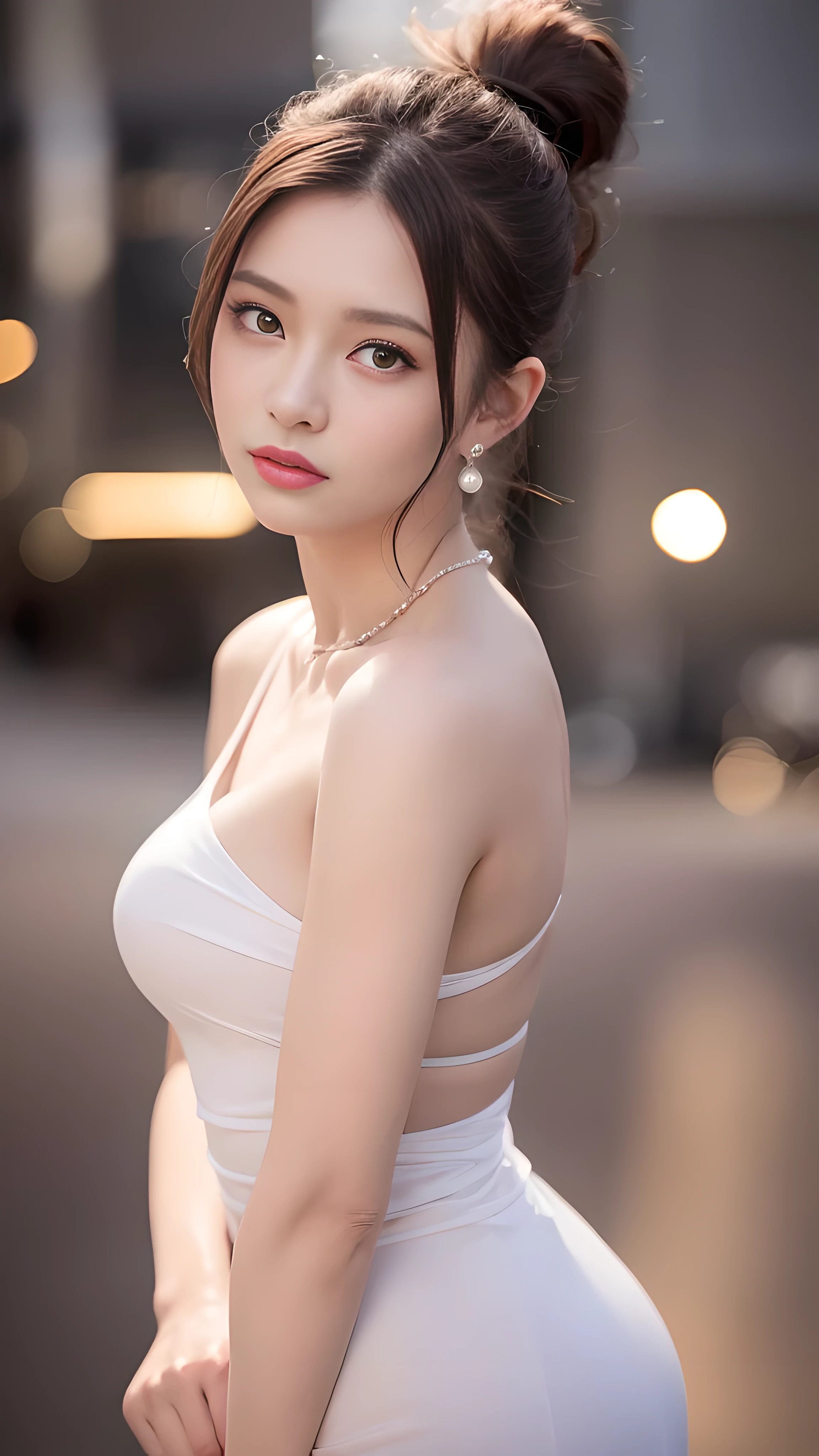 From the side, hip up,((Adilynn)), sideways pose, random posture, night time, (An extremely delicate and beautiful work), (masterpiece), 1 girl, streetwear, very detailed, twisted ponytail, attractive expression, beautiful and clear eyes, blue eye pupil, delicate pearl necklace, delicate earrings, simple blurred background, extreme details, beautiful, attractive, Ultra-fine painting, delicate face, delicate figure, thin clavicle, nice lips, soft back, mix 4,(8k, RAW photo, highest quality, masterpiece:1.2), (realistic, photo-realistic:1.37),1 girl,cute,cityscape, night, rain, Wet, professional lighting, photon mapping, radio city, Physically based rendering, above the waist,