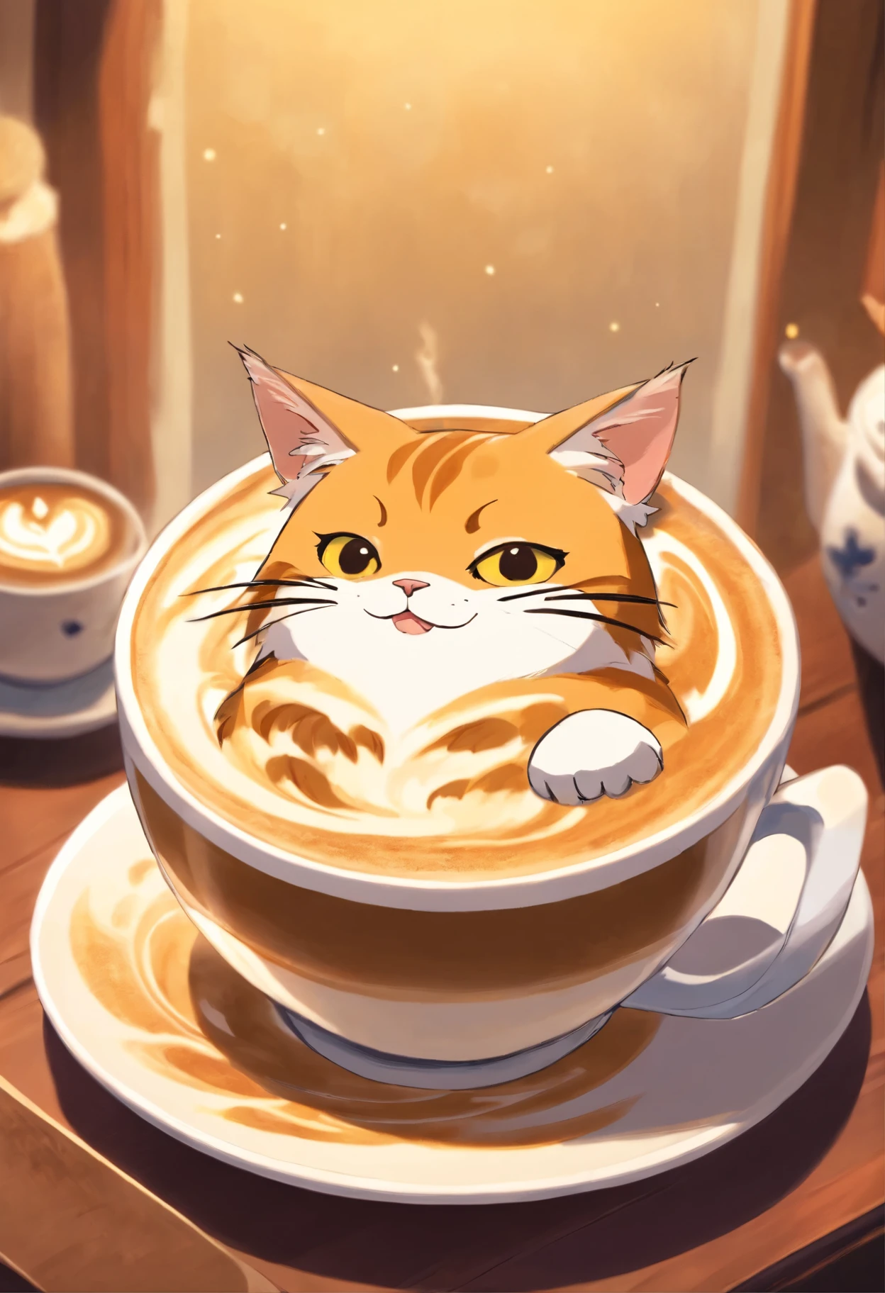 A coffee contains some artistic coffee latte art, in the style of ethereal cats, Orient - inspiriert, avocadopunk, geformt, kubisi kunst, avian - thematisch, Carrie Mae Weems
