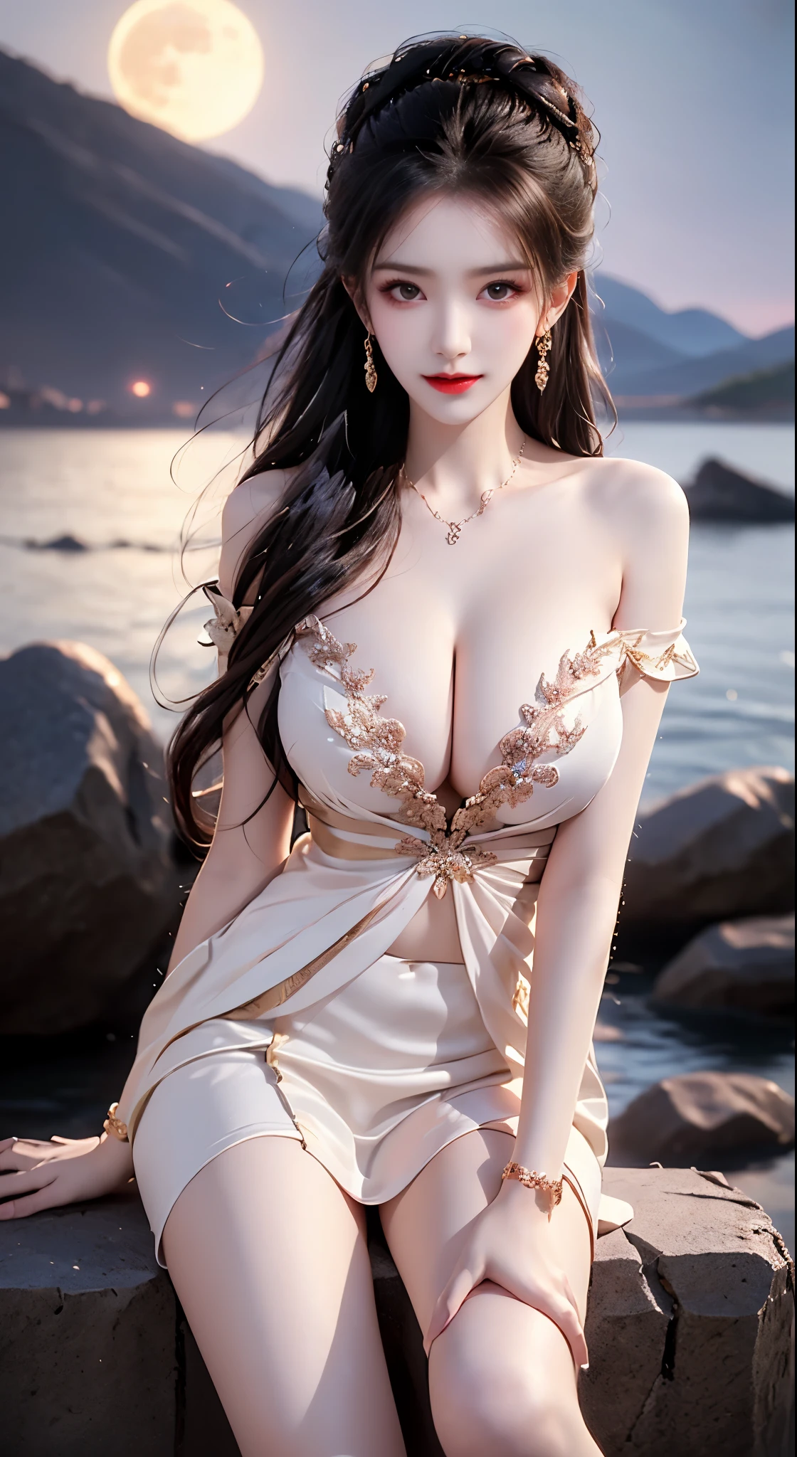 ylj,(magic circle:1.1),xiuxian, ((bare shoulders)), ((whole body)), actual, fashion girl, red lips, mature women, cosmetics, big eyes, beautiful eyes, ((whole body)), ((from below)), (best quality, masterpiece:1.2), Super detailed, (actual:1.37), ((Sexy long legs)), beautiful, young and energetic, Charming model with, big breasts, cleavage, (delicate eyes, Detailed lips, extremely delicate eyes), show a bright smile, Create stunning girl images, Warm colors, Extremely high color saturation, official art, Extremely detailed CG unified 8k wallpaper,(high dynamic range :1.4), (cinematic),(pastel colors, dull color, soothing tone :1.3), (natural skin texture, ultra-actual, soft light, sharp),(Very detailed), night, moonlight, ((in the mountains, plant, Leaning against the rocks))