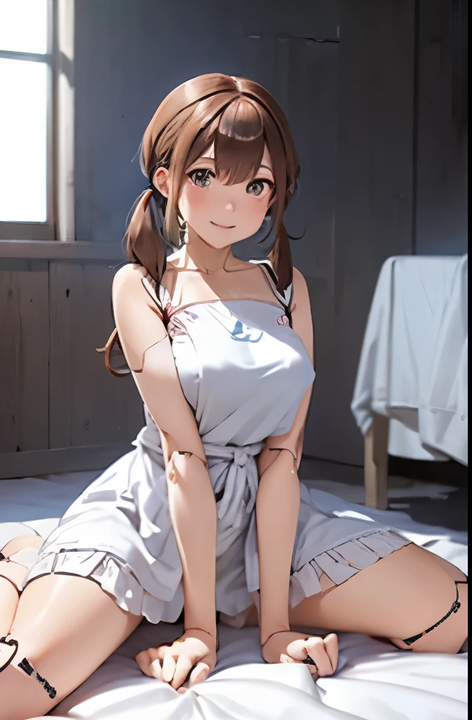 A Female robot wears white plain dress. She is laughing happily in bed room, spread legs, nude, banzai pose,  Brown short hair is tied with two big red clothespins, She lifts up the under hem of her white plain dress, leaning over, masterpiece, very short pigtails,brown hair, mature, android, blue eyes, full body figure, Height: 160cm, flushed cheeks, 2020s anime picture, she is loved in missionary angle, A beautiful robot with short brown hair in two short pigtails held up by two very large huge red clothespins, Uplifting, No NSFW, whole body, barefoot, archaic smile, getting orgasm, 25 years old, sweat bucket,  She is half sitting posture or crouching position.