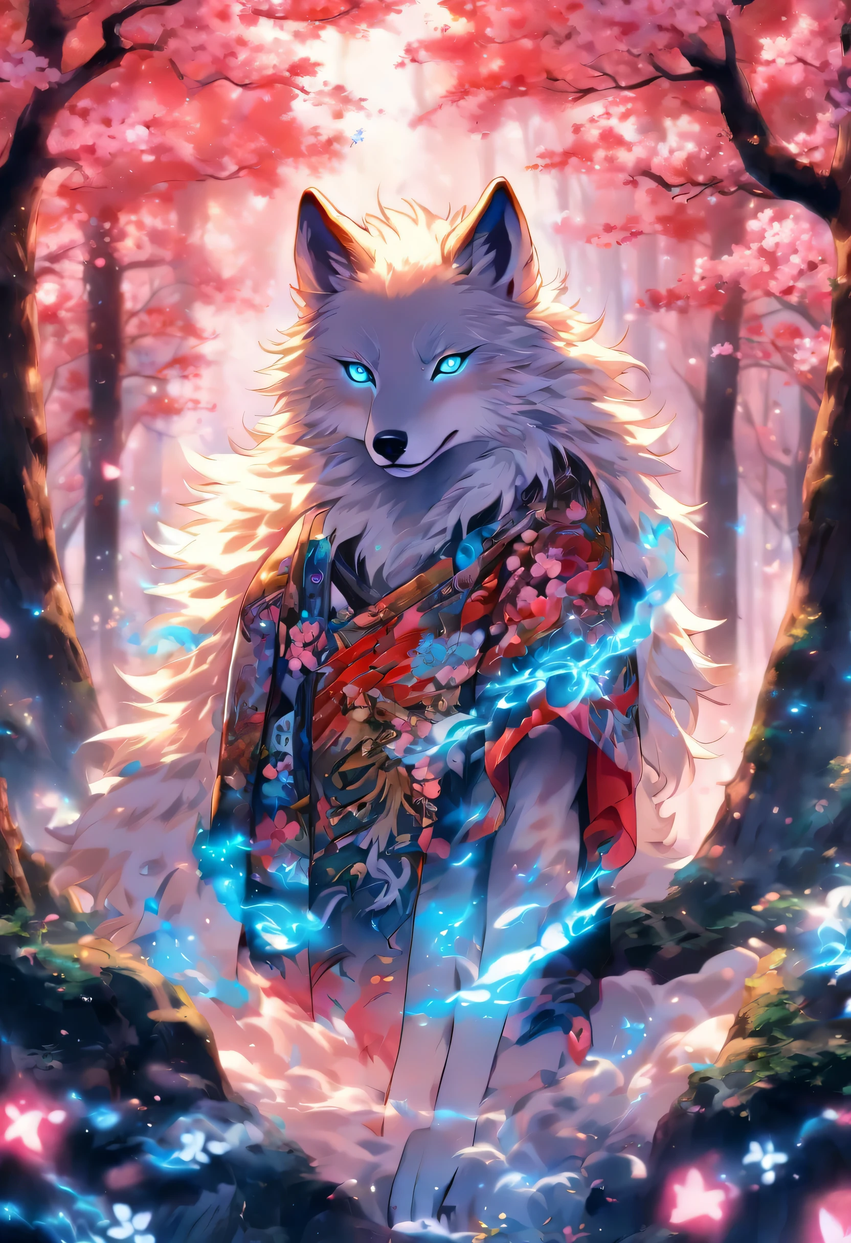 The most beautiful and enchanted wolf spirit, white hair, glowing blue eyes, tons of tattoos and piercings, in the most beautiful enchanted forest, graffiti and kanji elements in the background, cherry blossoms blowing in the wind, highly detailed, perfect masterpiece, high quality, high resolution