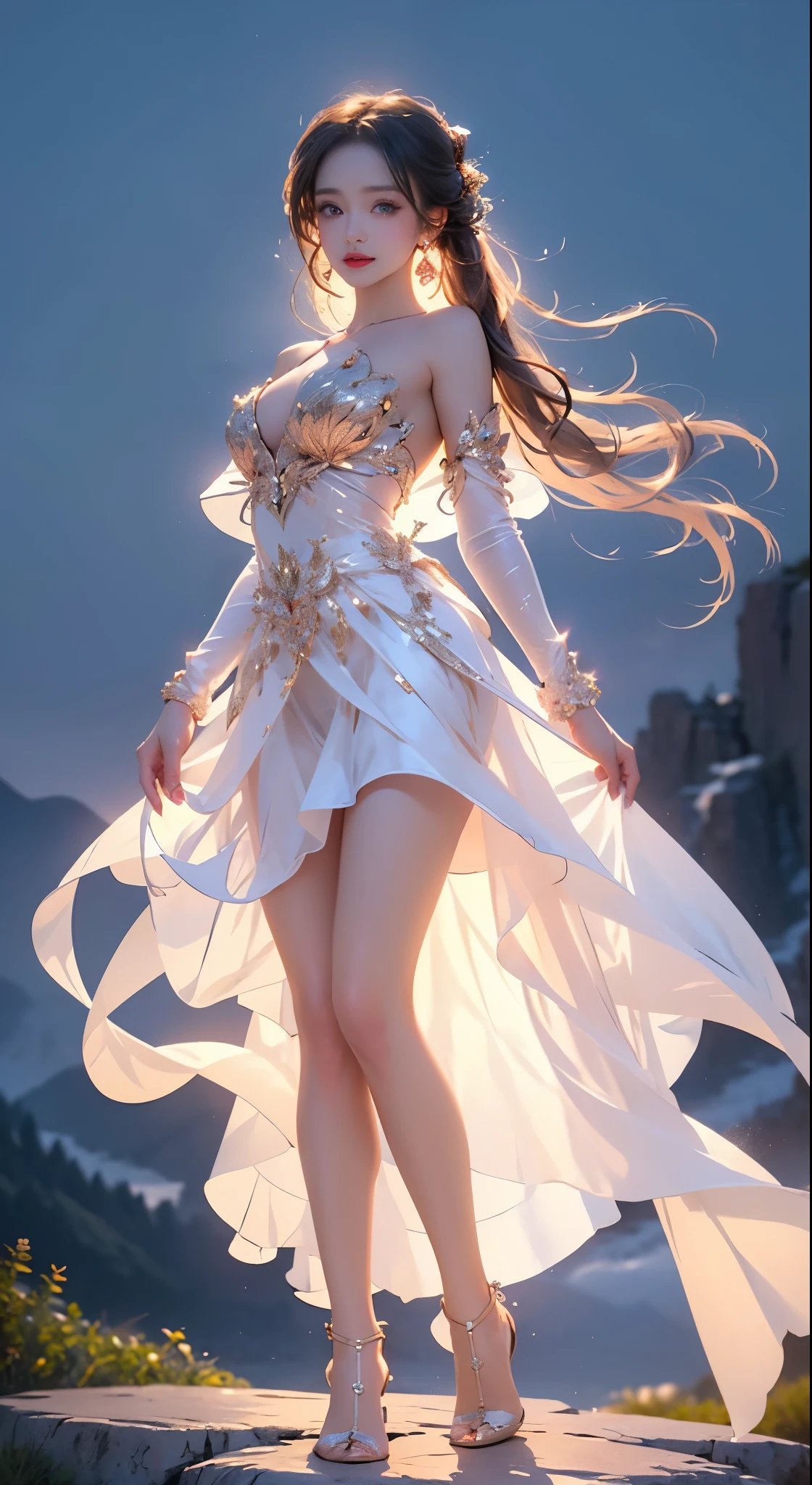 glowing, ((bare shoulders)), ((whole body)), actual, fashion girl, red lips, mature women, cosmetics, big eyes, beautiful eyes, ((whole body)), ((from below)), (best quality, masterpiece:1.2), Super detailed, (actual:1.37), ((Sexy long legs)), beautiful, young and energetic, Charming model with, big breasts, cleavage, (delicate eyes, Detailed lips, extremely delicate eyes), show a bright smile, Create stunning girl images, Warm colors, Extremely high color saturation, official art, Extremely detailed CG unified 8k wallpaper,(high dynamic range :1.4), (cinematic),(pastel colors, dull color, soothing tone :1.3), (natural skin texture, ultra-actual, soft light, sharp),(Very detailed), night, moonlight, ((in the mountains, plant, Leaning against the rocks))
