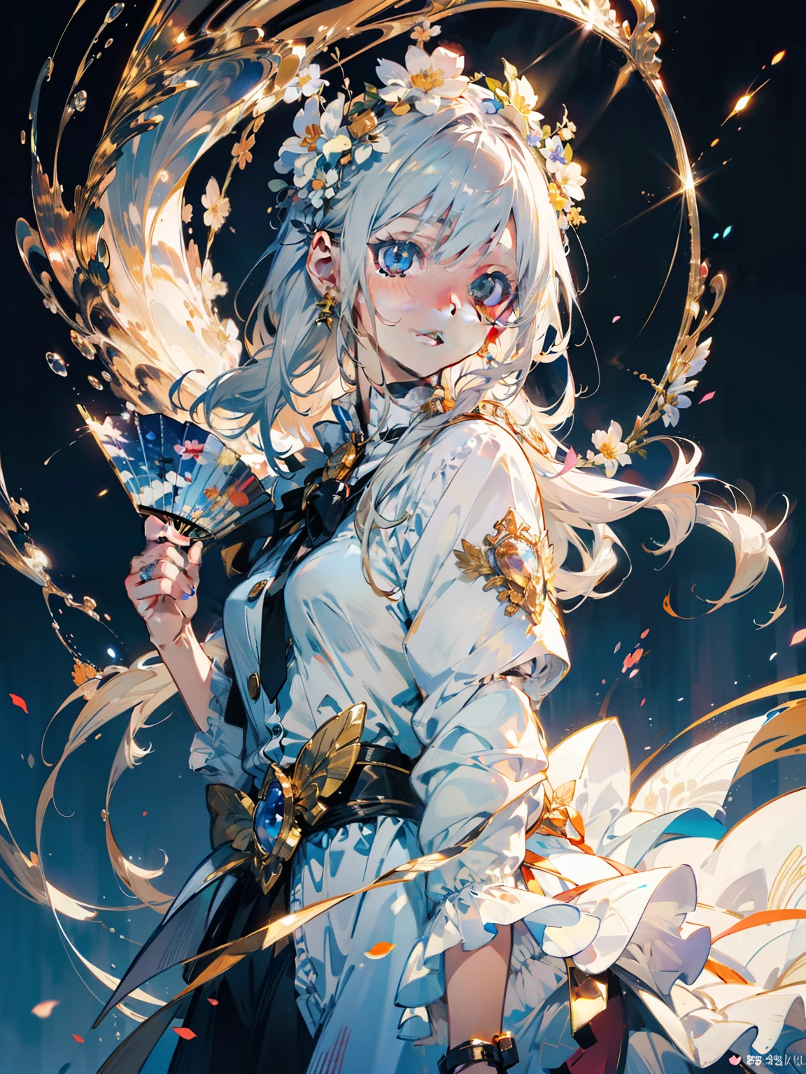 official art, ヨーロッパのmasterpiece女性,, light silver hair , deep blue eyeasterpiece、highest quality、High resolution: 1.4),In 8K, anime art nouveau, Highly detailed exquisite fan art, anime fantasy illustration, clean detailed anime art, detailed anime art, sharp focus of a person, delicate Beautiful Hair and Eyes and Face, realistic, super detailed, flower garden,((delicate, delicateで可愛い手)),((elegant shiny dress)),((lots of races)),((lots of frills)),((lots of ribbons))