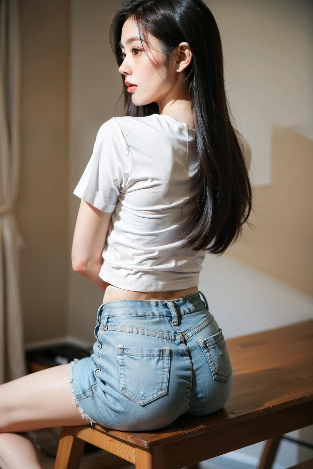 Skinny white T-shirt,super short jeans,medium long hair,long legs,Perfect back,delicate face