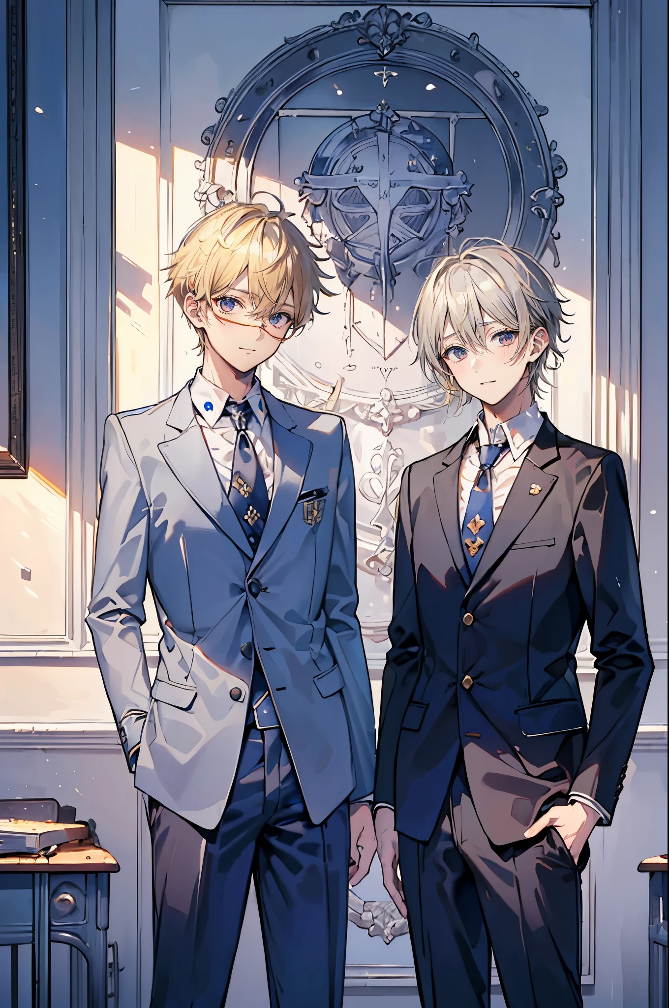 (muste piece), (best quality), very detailed, (((Two friendly high school boys:1.5))), perfect face, beautiful face, very detailed face,(silver haired man:1.3),(blonde man:1.3),School,classroom,student uniform,tie,shirt