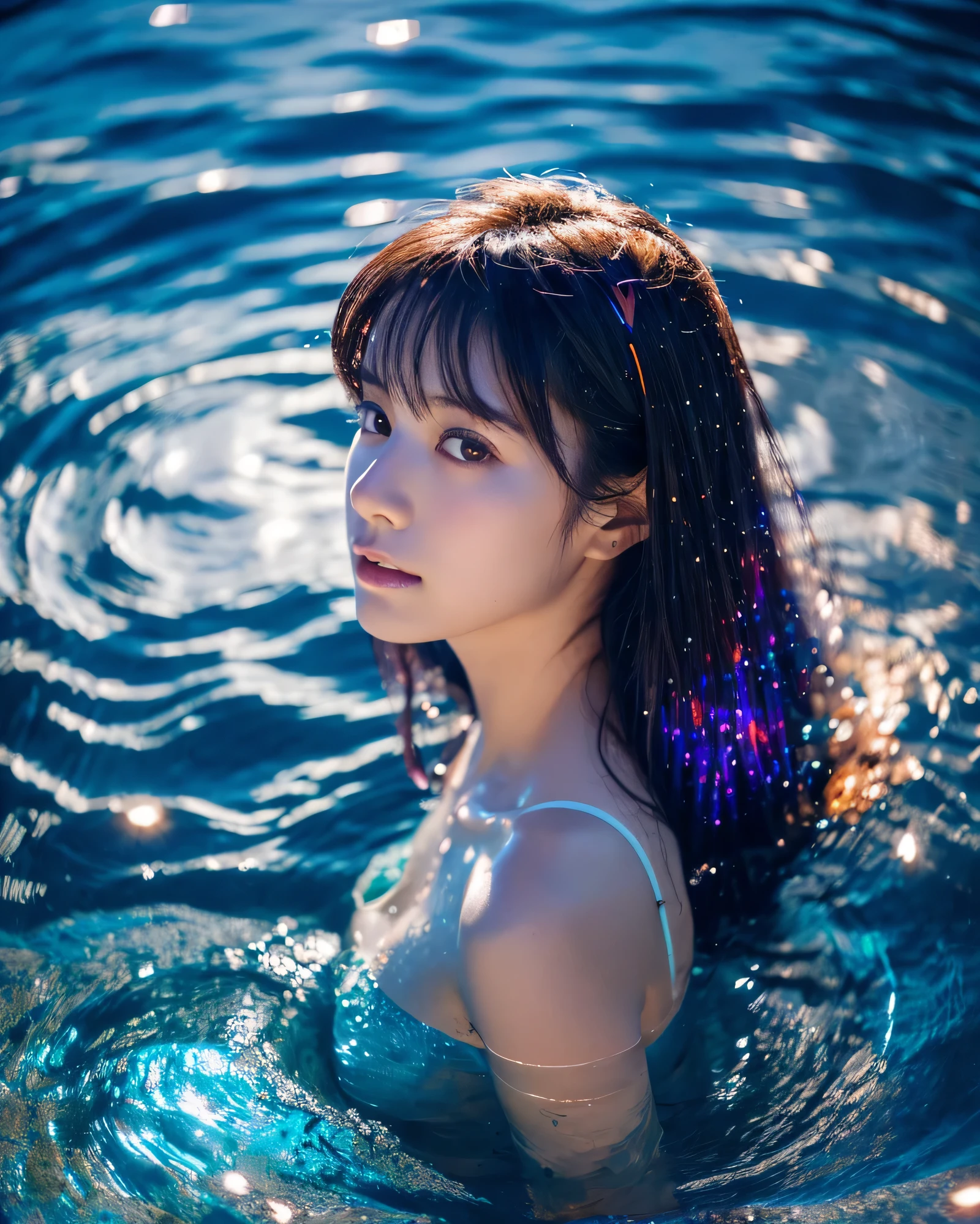 (highest quality, 8K, High resolution, masterpiece:1.2, unrealistic), beautiful japanese girl, 18-year-old, close up shot, Naked in the pool, (Above the water surface above the chest:1.3), I close my eyes comfortably., (Hair that sparkles like the starry sky:1.3), Super Long Straight Silk Hair, asymmetrical bangs, big magical eyes, High-resolution eyes that sparkle like the starry sky, smooth soft skin, High resolution perfect collarbone, High resolution beautiful bust, blue night, The water surface shines colorfully, illumination, colorful lights, sparkling light effect, professional lighting, professional photographer