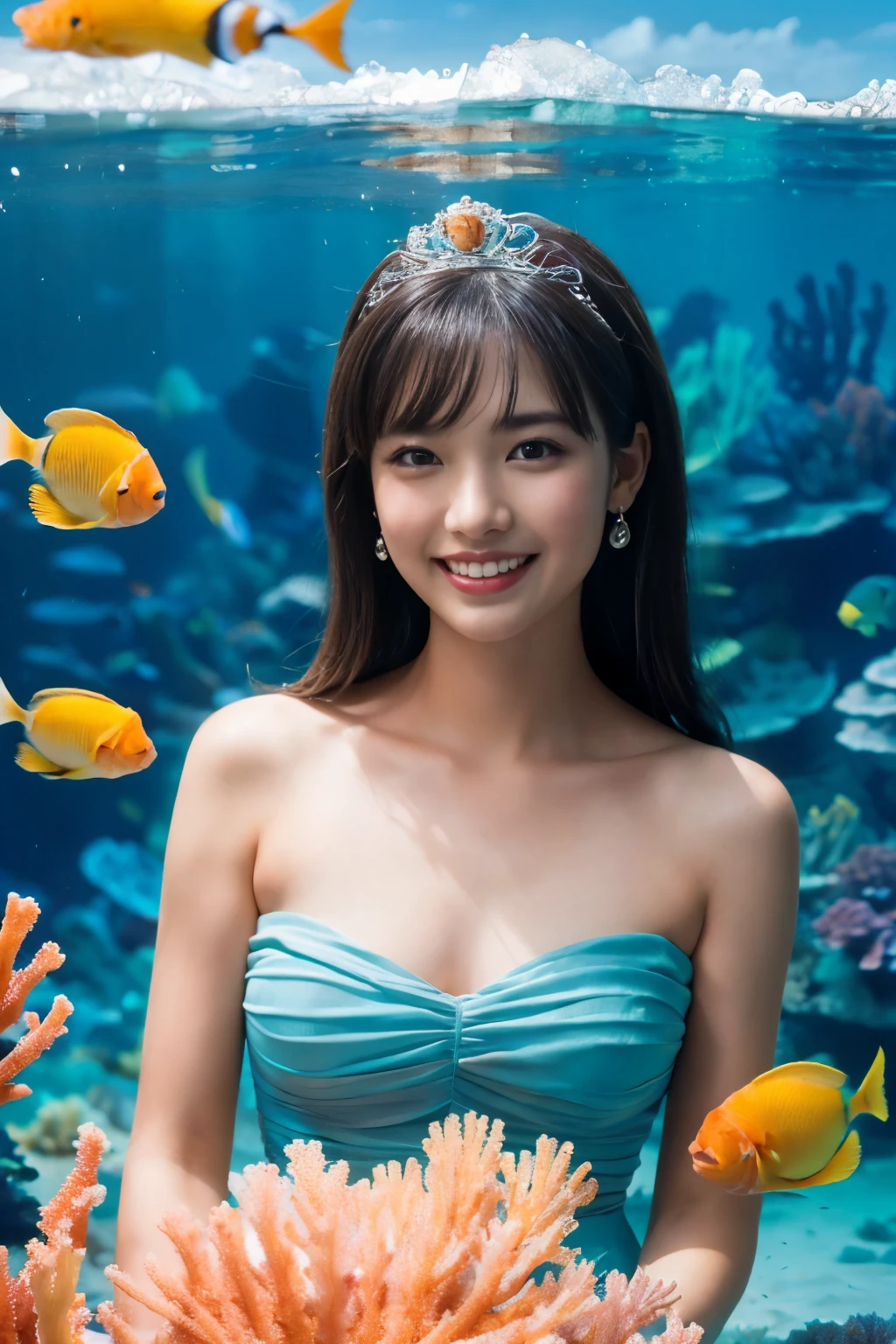 ((table top:1.4, highest quality)), (realistic pictures:1.4),
((1 girl)),
(超High resolution:1.2), very delicate and beautiful, wonderful, Highly detailed CG Unity 8k wallpaper, Super detailed, High resolution,
soft light, beautiful detailed girl, highly detailed eyes and face, beautifully detailed nose, beautiful and detailed eyes,
(princess of fairyland:1.3),
cinematic lighting, perfect anatomy, slender body, , (parted bangs),
(In the sea of coral reefs:1.3), (colorful tropical fish:1.3),
cowboy shot, looking at the viewer, smile