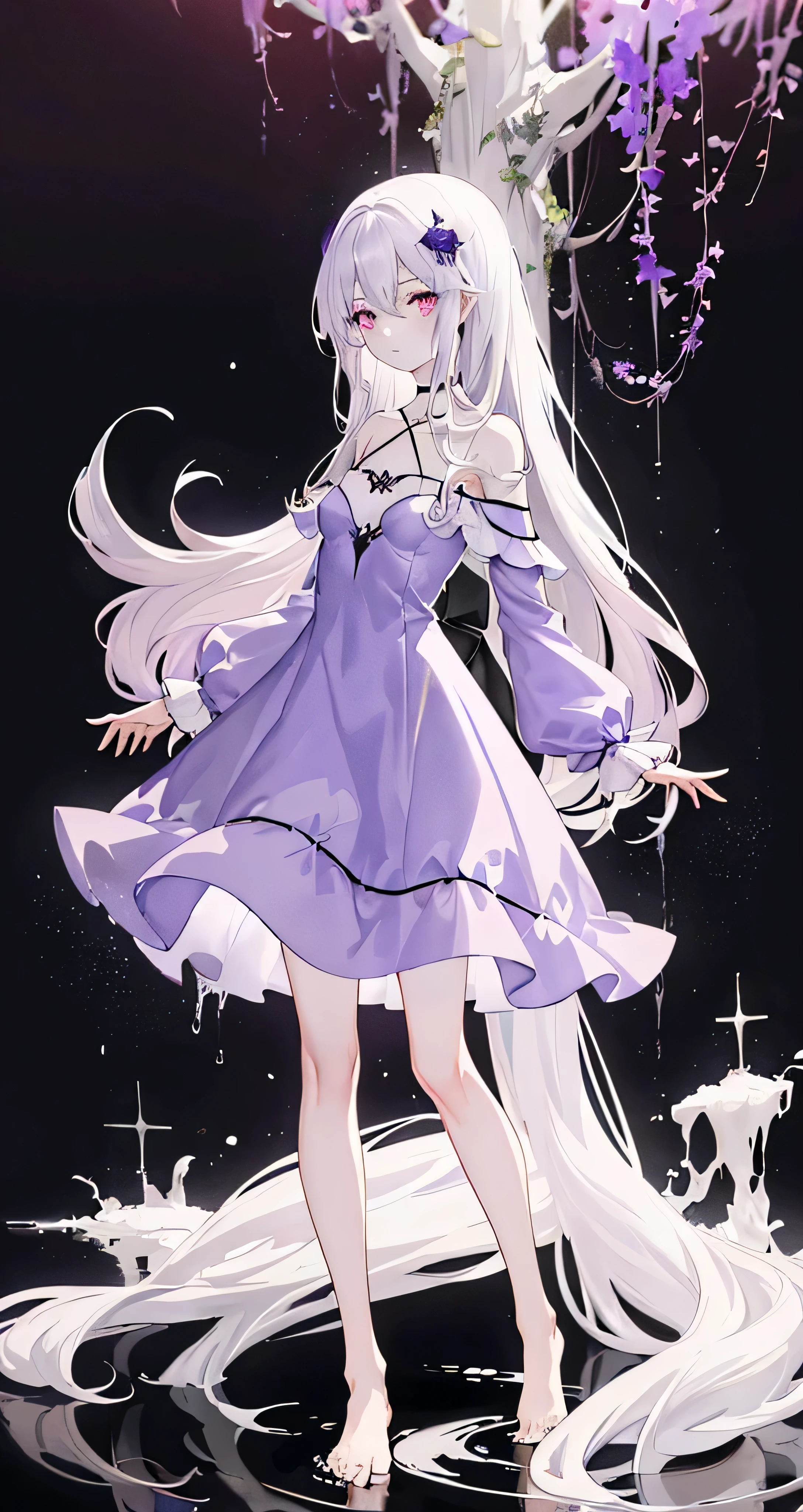((masterpiece:1.4, best quality))+, (Super detailed)+,(super detailed eyes)+,
(cute 1girl),15 years old,(scarlet eyes:1.15),silver hair, very long hair,messy hair,(Variza:1.2),Pale complexion,shut up,sad,
(She is wearing a violet dress:1.5),(flat chest:1.2),(Off-white dress:1.4),(Violet clothes:1.2),(skinny:1.4),
(despair:1.3),Gothic,
leaf,(vine tree:1.1),
(Silver moonshine:1.2),red,
(Heavy monochrome:1.16),(depth of field:1.4),(round,Room, firm breasts),barefoot,float,water surface,(long legs,long legs,long legs,Gestalt),full-body shot。standing posture