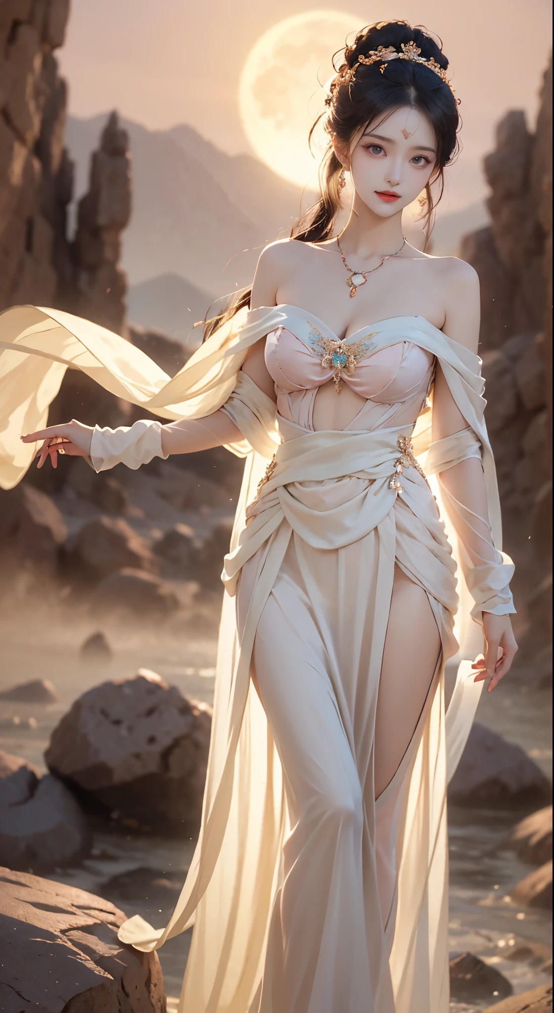 dunhuang_cloths,dunhuang_dress, ((bare shoulders)), ((whole body)), actual, fashion girl, red lips, mature women, cosmetics, big eyes, beautiful eyes, ((whole body)), ((from below)), (best quality, masterpiece:1.2), Super detailed, (actual:1.37), ((Sexy long legs)), beautiful, young and energetic, Charming model with, big breasts, cleavage, (delicate eyes, Detailed lips, extremely delicate eyes), show a bright smile, Create stunning girl images, Warm colors, Extremely high color saturation, official art, Extremely detailed CG unified 8k wallpaper,(high dynamic range :1.4), (cinematic),(pastel colors, dull color, soothing tone :1.3), (natural skin texture, ultra-actual, soft light, sharp),(Very detailed), night, moonlight, ((in the mountains, plant, Leaning against the rocks))