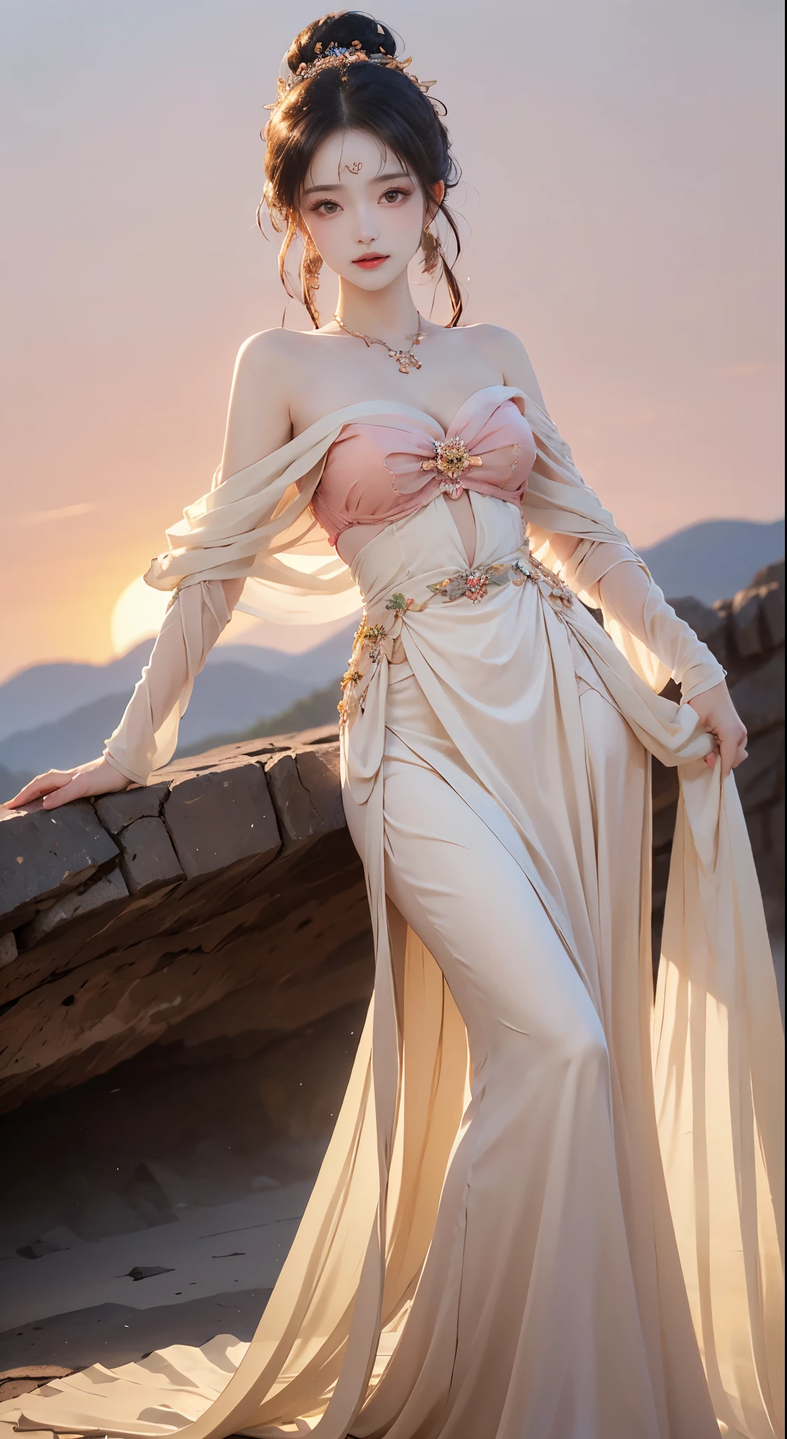 dunhuang_cloths,dunhuang_dress, ((bare shoulders)), ((whole body)), actual, fashion girl, red lips, mature women, cosmetics, big eyes, beautiful eyes, ((whole body)), ((from below)), (best quality, masterpiece:1.2), Super detailed, (actual:1.37), ((Sexy long legs)), beautiful, young and energetic, Charming model with, big breasts, cleavage, (delicate eyes, Detailed lips, extremely delicate eyes), show a bright smile, Create stunning girl images, Warm colors, Extremely high color saturation, official art, Extremely detailed CG unified 8k wallpaper,(high dynamic range :1.4), (cinematic),(pastel colors, dull color, soothing tone :1.3), (natural skin texture, ultra-actual, soft light, sharp),(Very detailed), night, moonlight, ((in the mountains, plant, Leaning against the rocks))