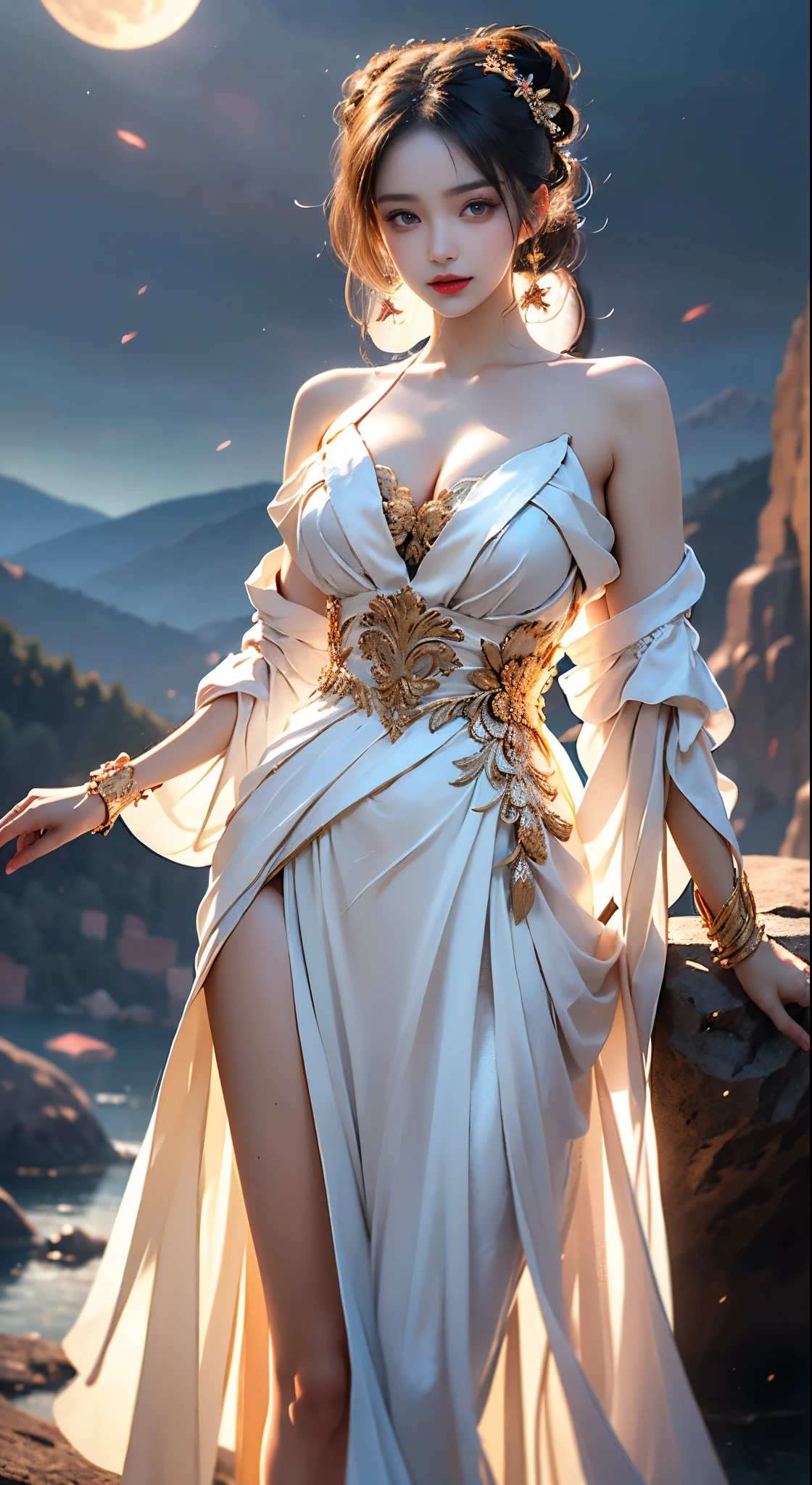 weapon,cleavage,(magic circle:1.1),xiuxian, ((bare shoulders)), ((whole body)), actual, fashion girl, red lips, mature women, cosmetics, big eyes, beautiful eyes, ((whole body)), ((from below)), (best quality, masterpiece:1.2), Super detailed, (actual:1.37), ((Sexy long legs)), beautiful, young and energetic, Charming model with, big breasts, cleavage, (delicate eyes, Detailed lips, extremely delicate eyes), show a bright smile, Create stunning girl images, Warm colors, Extremely high color saturation, official art, Extremely detailed CG unified 8k wallpaper,(high dynamic range :1.4), (cinematic),(pastel colors, dull color, soothing tone :1.3), (natural skin texture, ultra-actual, soft light, sharp),(Very detailed), night, moonlight, ((in the mountains, plant, Leaning against the rocks))