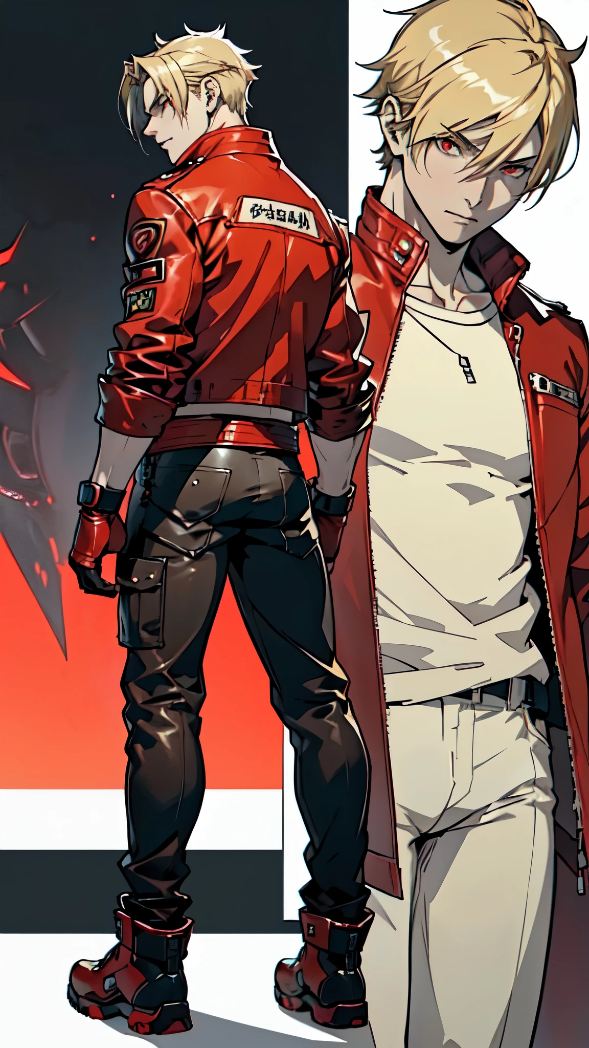 ((close up shot of an anime hadnsome young man wearing a red leather jacket)), (((back view))), ((light blonde hair)), ((pale skin)), (Leon Kennedy), red eyes, anime cyberpunk character, gloves, anime character sheet, character concept, character walking, full body concept, single character full body, male protagonist 👀 :8, anime style character, anime character, fighting game character, 
