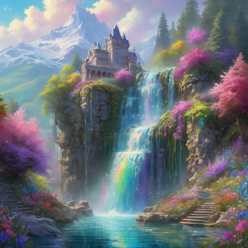 Waterfall, aesthetic, Gorgeous hyper-detailed Waterfall and Mountains with wildflower forest Castle - masterpiece creation by Amanda Sage, Pino Daeni, Wadim Kashin, Eldritch, photorealism, precisionism, hyperdetailed, beautiful, mysterious, hyperrealism, beautiful floating crystals, reflective rainbow colors, surrealism, incredibly detailed, iridescence, mystery, original, unusual, magical wisps