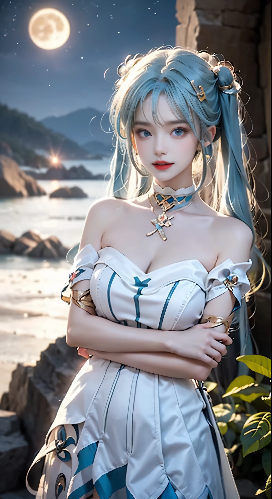 faruzan_genshin, cowboy shot, aqua hair, long hair, twin tails, x hair ornament, jewelry, white dress, dress, short sleeves, high heels, ((bare shoulders)), ((whole body)), actual, fashion girl, red lips, mature women, cosmetics, big eyes, beautiful eyes, ((whole body)), ((from below)), (best quality, masterpiece:1.2), Super detailed, (actual:1.37), ((Sexy long legs)), beautiful, young and energetic, Charming model with, big breasts, cleavage, (delicate eyes, Detailed lips, extremely delicate eyes), show a bright smile, Create stunning girl images, Warm colors, Extremely high color saturation, official art, Extremely detailed CG unified 8k wallpaper,(high dynamic range :1.4), (cinematic),(pastel colors, dull color, soothing tone :1.3), (natural skin texture, ultra-actual, soft light, sharp),(Very detailed), night, moonlight, ((in the mountains, plant, Leaning against the rocks))