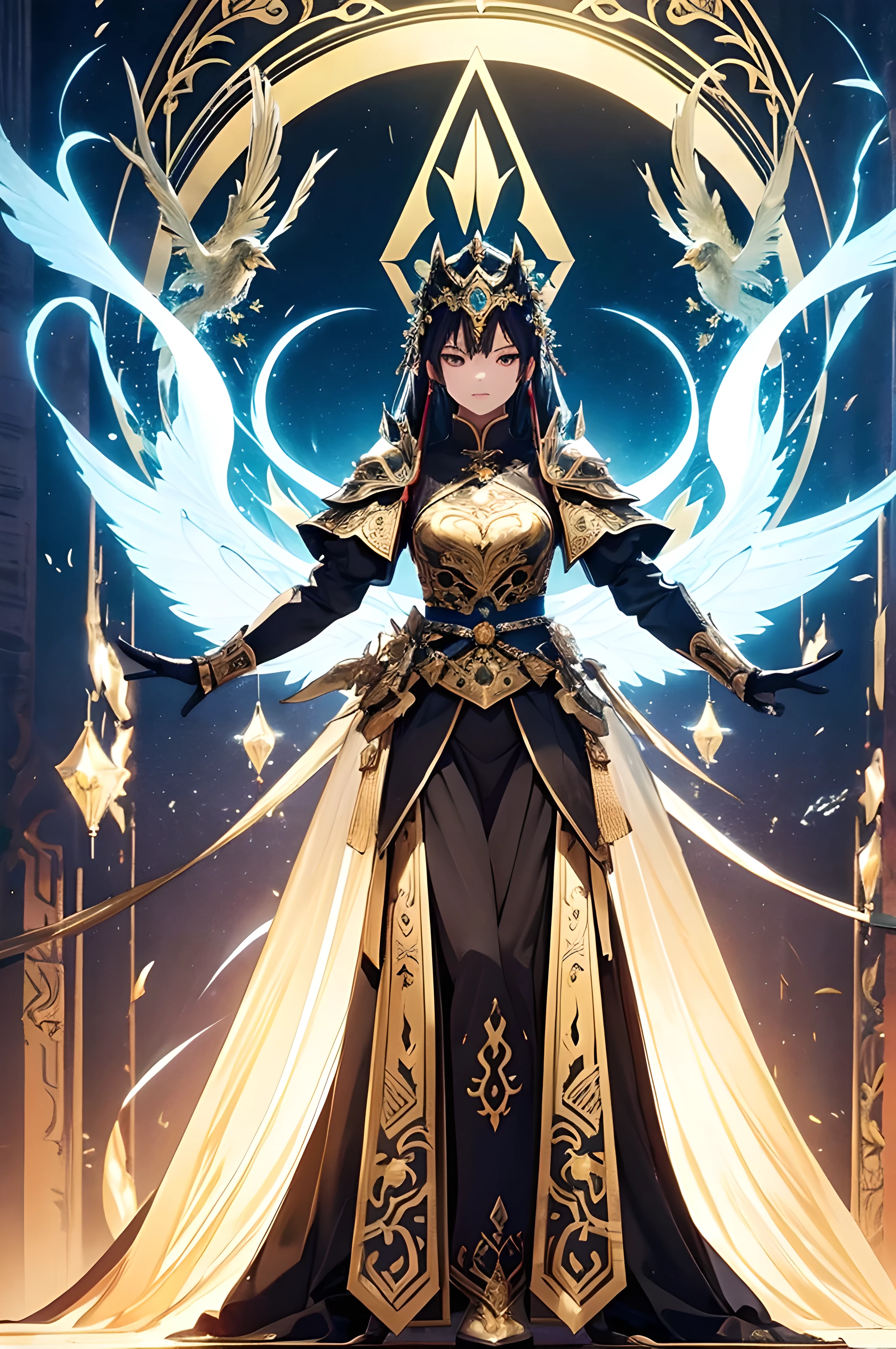 Empress element, fine armor, intricate design, creative details, silk, cinematic lighting, 4k, floating hair, sharp, prism, shining knight, royal, face mask , full body frame, grassland background, happy, wuxia, bird pose