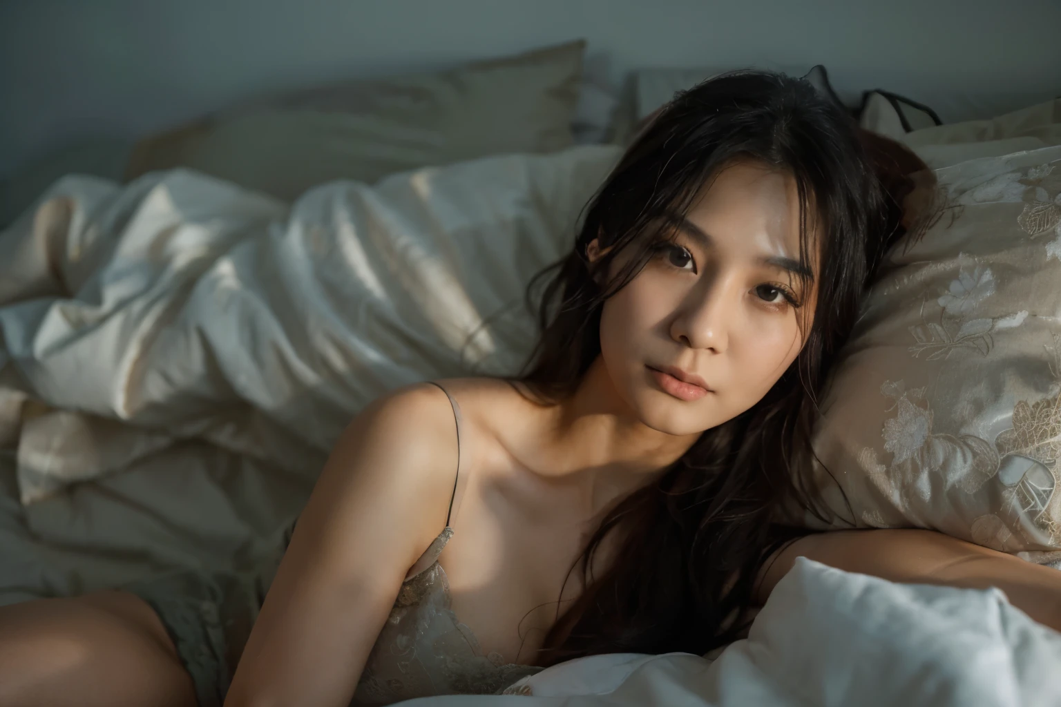 30 years old Hong Kong woman in bed, black long hair, straight hair, cleavage