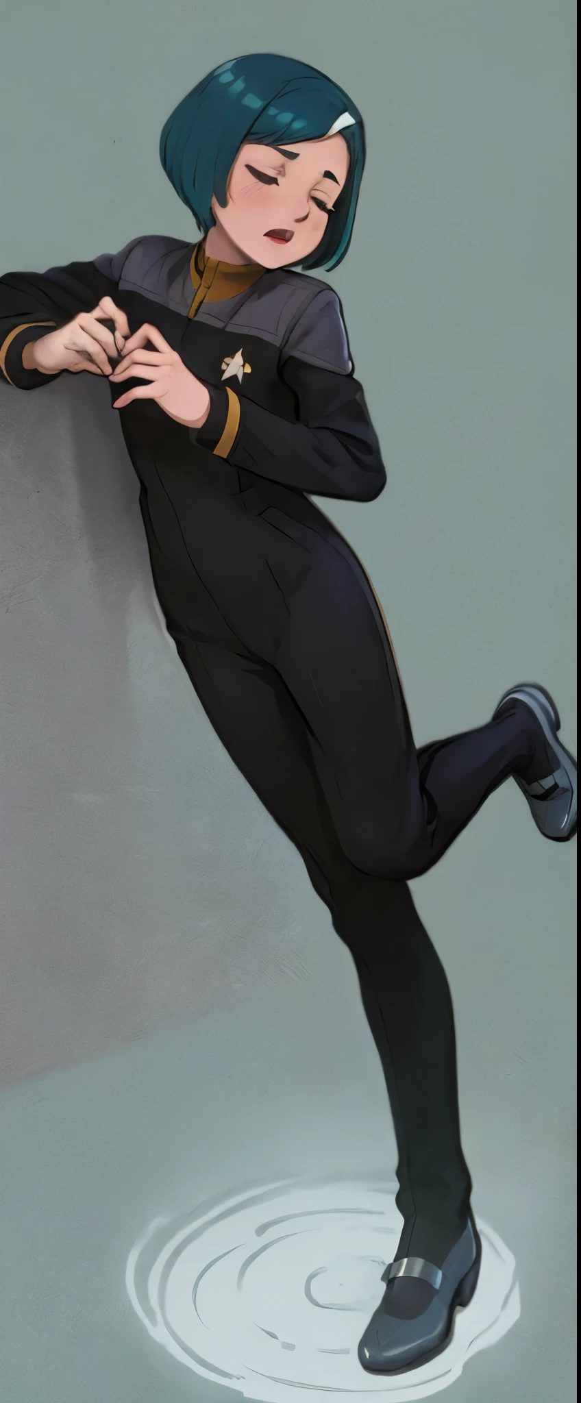 wallpaper best quality, masterpiece:1.2), anime aesthetic fullbody fullframe solo teen female frantic wildcut buzzcut hairstyle ds9st red and black uniform ds9st teal and black uniform ds9st yellow and black uniform ds9st command ds9st operations ds9st science closed eyes