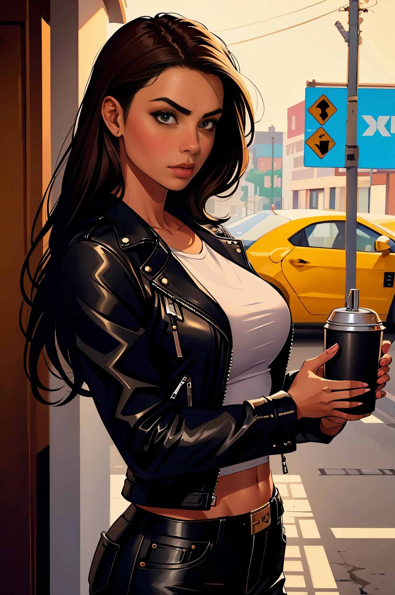 Tanned skin young woman in a leather jacket, clearly defined grey eyes, long dark brown hair, serious face