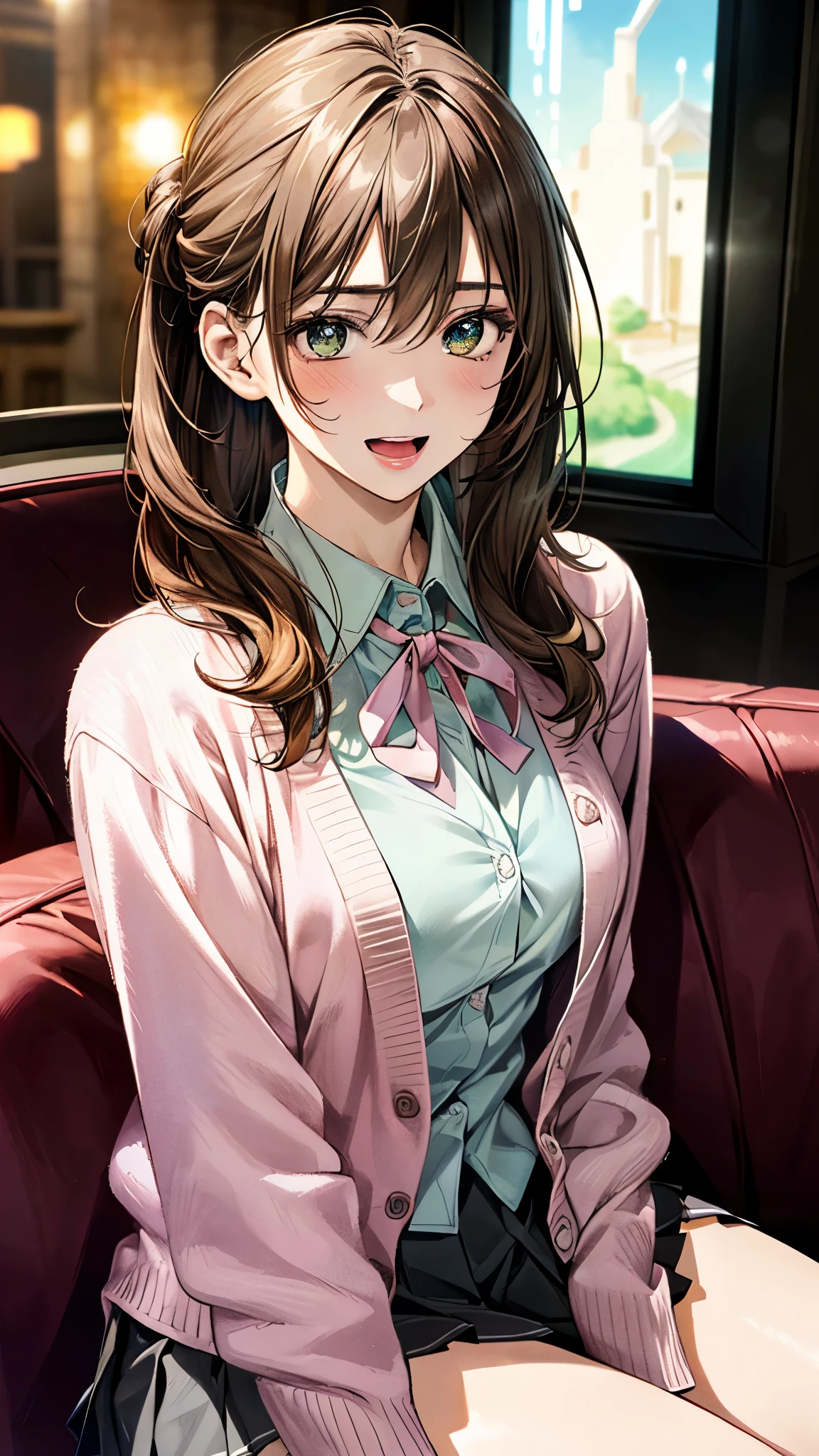 (masterpiece:1.2, top-quality, ultra high res, ultra detailed), (realistic, photorealistic:1.4), beautiful illustration, (natural side lighting, movie lighting),
looking at viewer, (face focus, upper body), 1 girl, japanese, high school dirl, perfect face, (perfect anatomy), cute and symmetrical face, baby face, shiny skin, slender
(middle hair:1.5, straight hair, (topknot), loose hair, orange brown hair), hair between eyes, dark green eyes, drooping eyes, big eyes, long eye lasher, (medium breasts),
beautiful hair, beautiful face, beautiful detailed eyes, beautiful clavicle, beautiful body, beautiful chest, beautiful thigh, beautiful legs,
((detailed cloth texture, long sleeve light pink cardigan, white collared shirt, grey pleated mini skirt, dark pink neck ribbon), ), ,
(beautiful scenery), evening, (karaoke room, karaoke_machine), sitting sofa, (laugh, open mouth),